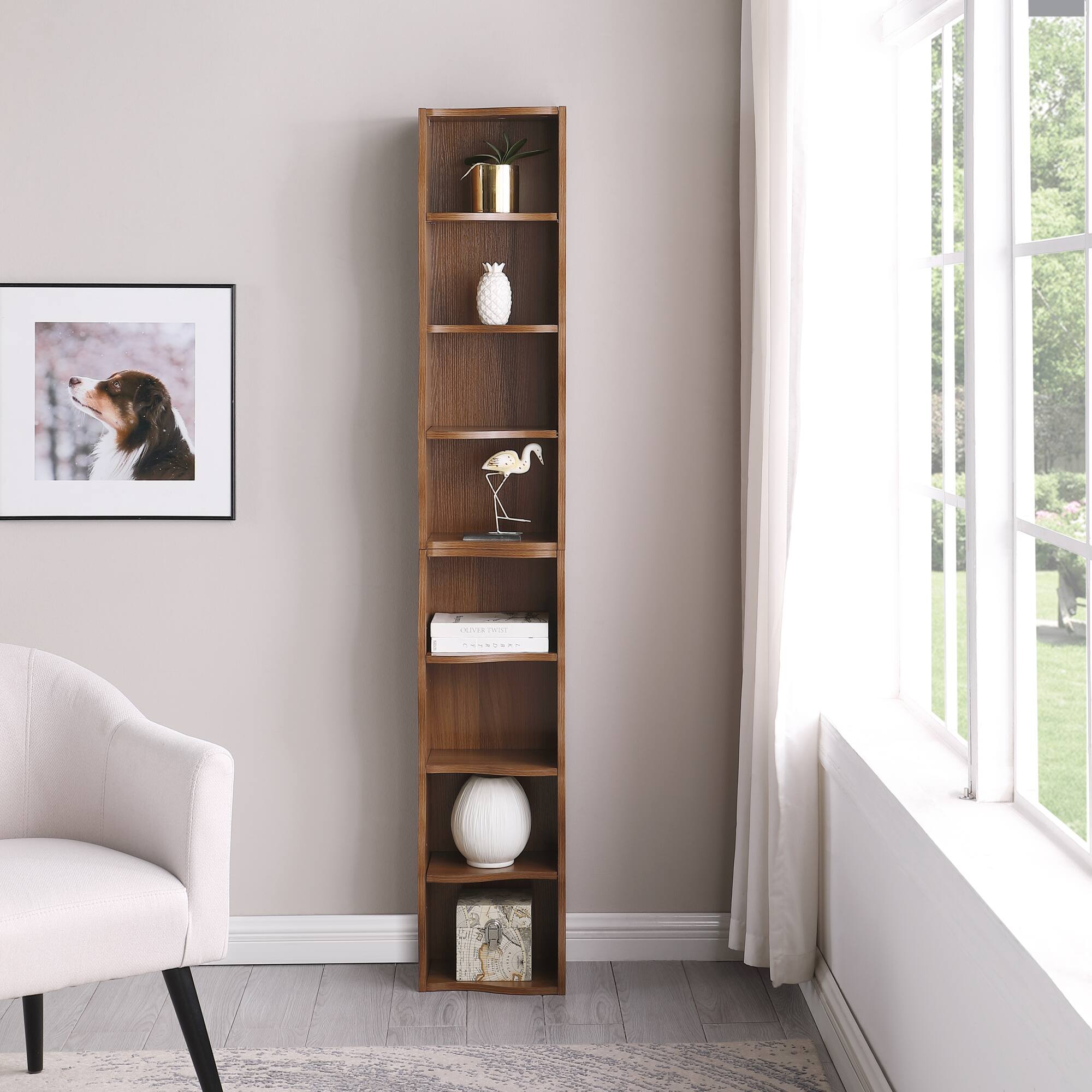 Angle. GOODSILO - Ultra-Thin Adjustable Shelf Bookcase with Wavy Border Design for Home and Office Storage Solutions - Walnut.