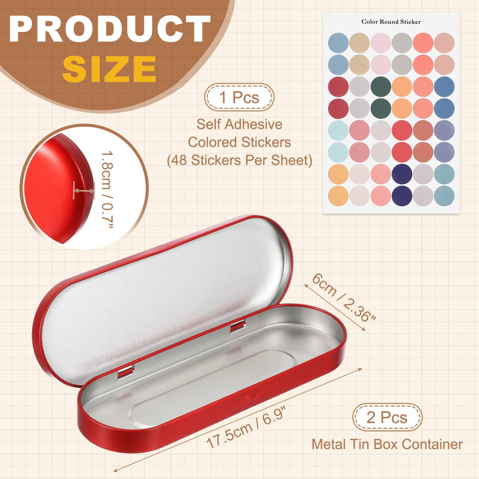 PRODUCT SIZE

1 Pcs
Self Adhesive Colored Stickers (48 Stickers Per Sheet)
- Round Sticker: 1.8cm / 0.7"

2 Pcs
Metal Tin Box Container
- Size: 6cm / 2.36" x 17.5cm / 6.9"