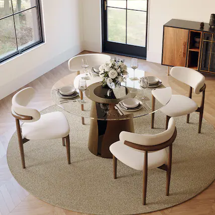 Front. POVISON - 47.24" Modern Luxury Round Glass Dining Table for 4, Tempered Glass Circle Dining Room Table for Kitchen, Bronze Base - Transparent & Bronze.