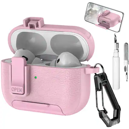 Front. Dteck - Case for Apple Airpods Pro 2nd Gen (2022) with Phone Holder & Keychain,Leather Texture Earbuds Cover for Man Women - Pink.