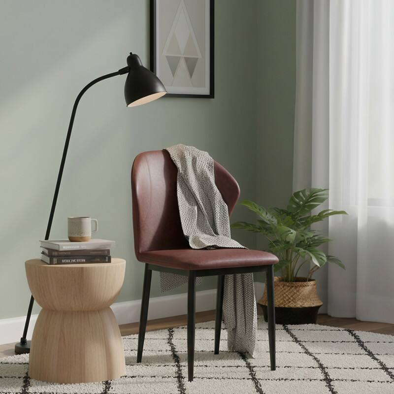 Angle. LeisureMod - Mosaic Modern Fabric Upholstered Side Dining Chair with Accent Diamond Stitched Backrest and Metal Legs - Plum Purple.