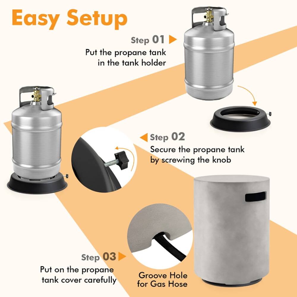 Easy Setup

Step 01  
Put the propane tank in the tank holder

Step 02  
Secure the propane tank by screwing the knob

Step 03  
Put on the propane tank cover carefully

Groove Hole for Gas Hose