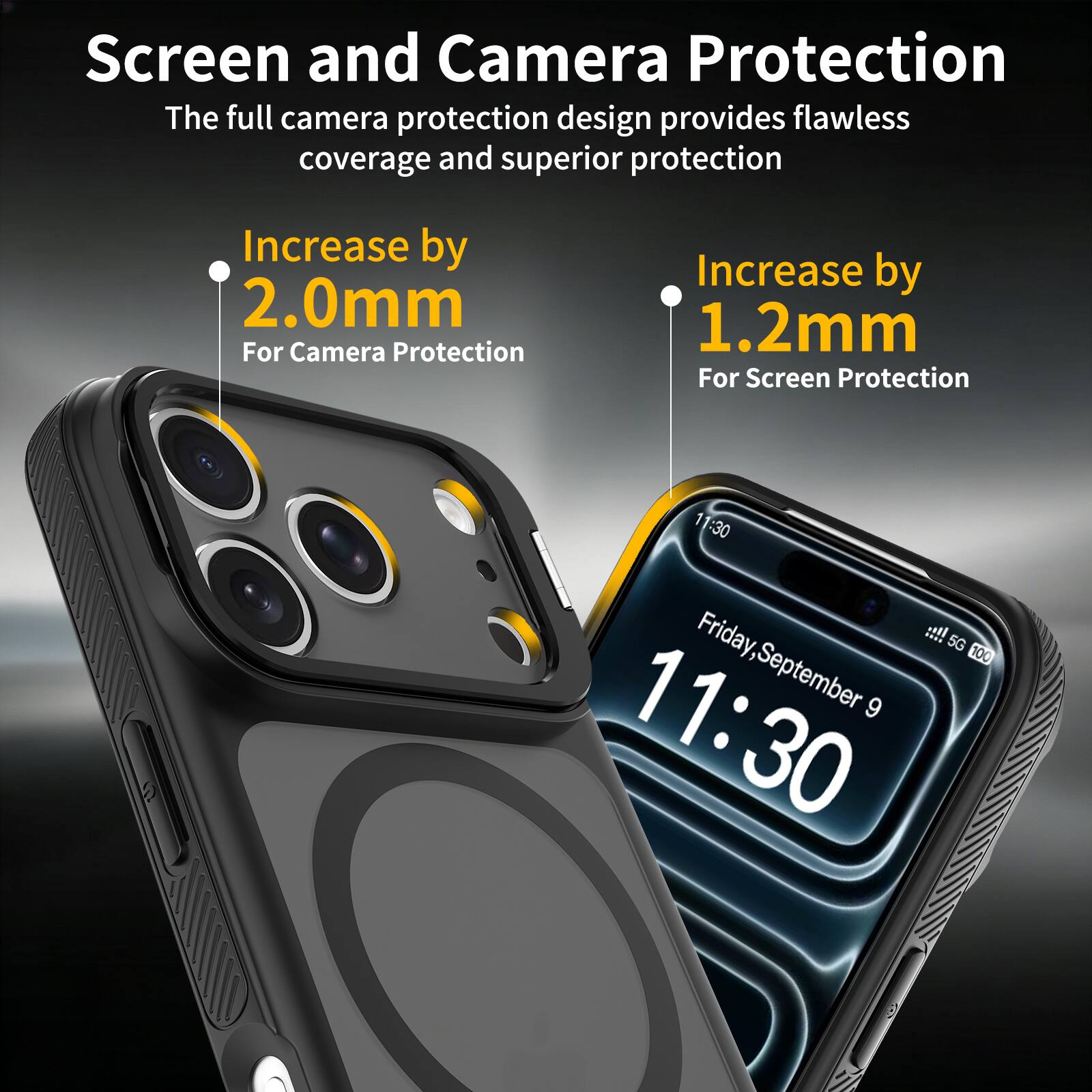 Screen and Camera Protection  
The full camera protection design provides flawless coverage and superior protection  

Increase by 2.0mm  
For Camera Protection  

Increase by 1.2mm  
For Screen Protection  

11:30  
Friday, September 9