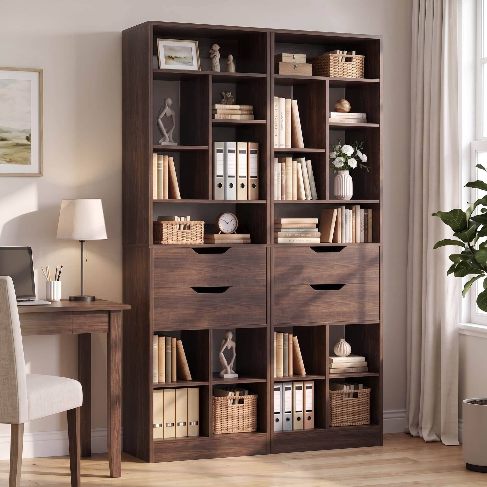 Aheaplus - 80" Tall Narrow 2-Piece Bookshelf Set with 2 Drawers, 10-Shelf Storage Organizer for Small Spaces - Walnut