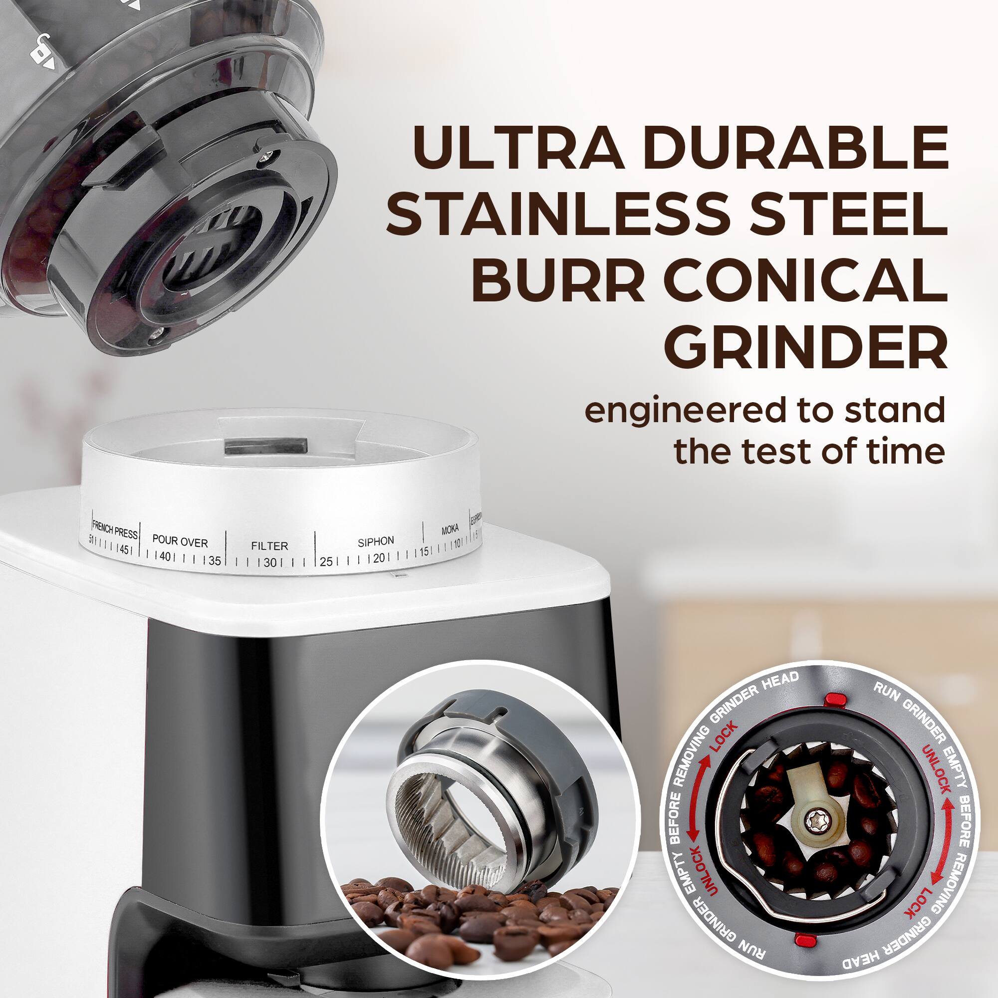 Zulay Kitchen - Conical Espresso Burr Coffee Grinder - Touchscreen, 51 Bean Grind Settings, Precision Electric Timer - White - Thumbnail 4