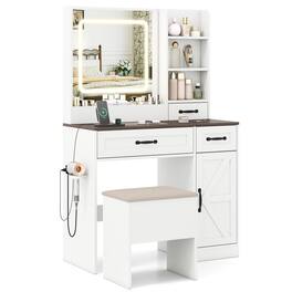 WELLFOR - Vanity Desk with Lighted Mirror & Glass Top, Farmhouse Makeup Vanity Desk Set with Storage Stool & Charging Station - White