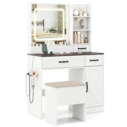 Front. WELLFOR - Vanity Desk with Lighted Mirror & Glass Top, Farmhouse Makeup Vanity Desk Set with Storage Stool & Charging Station - White.