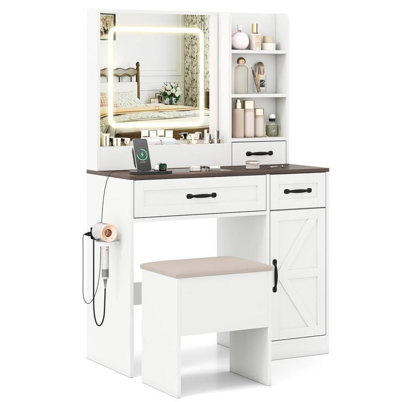 Front. WELLFOR - Vanity Desk with Lighted Mirror & Glass Top, Farmhouse Makeup Vanity Desk Set with Storage Stool & Charging Station - White.