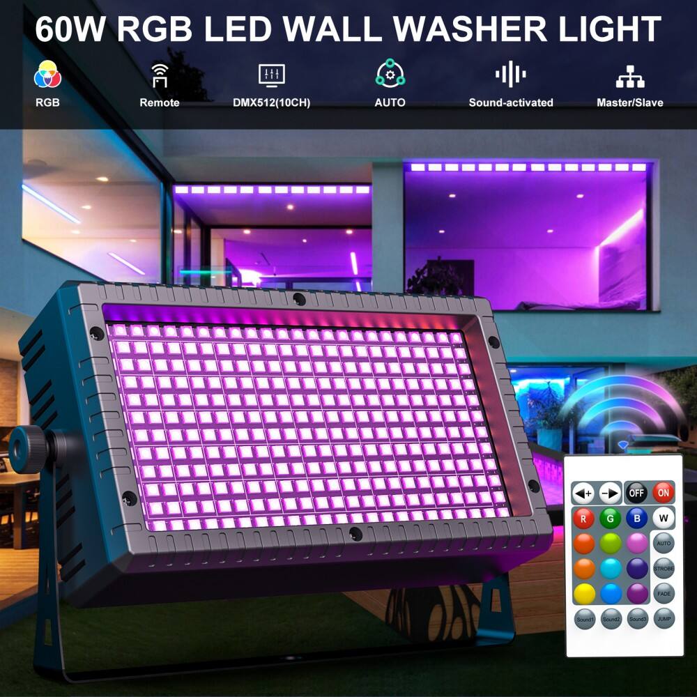 60W RGB LED WALL WASHER LIGHT

- RGB
- Remote
- DMX512(10CH)
- AUTO
- Sound-activated
- Master/Slave

Controls:
- OFF ON
- R G B W
- AUTO
- STROBE
- FADE
- Sound
- Sound2
- Sound3
- Sound4