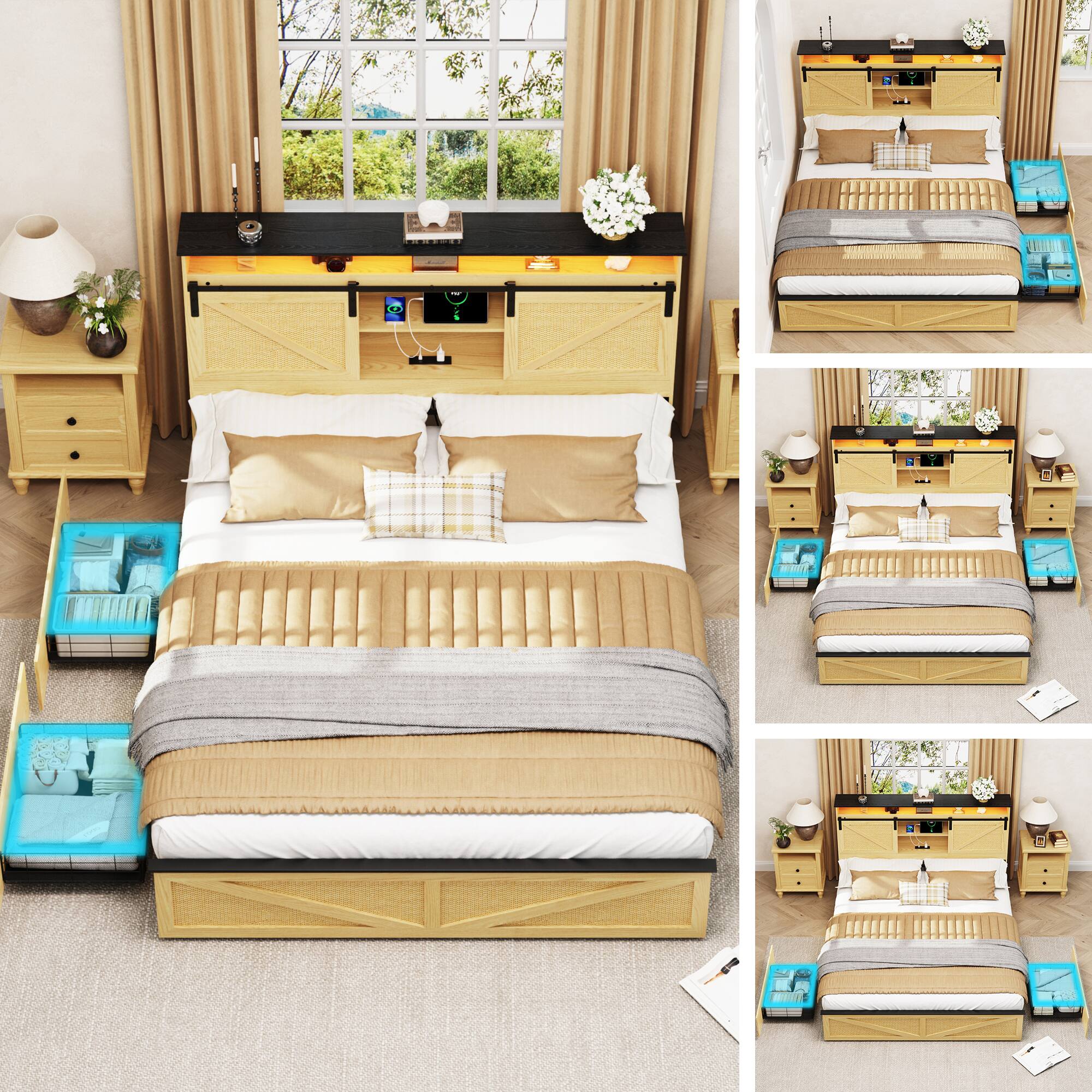 Alt View 1. LUCKY ONE - Farmhouse Full Size Bed Frame with Storage Headboard and Drawers,Charging Station & LED Lights - Natural.