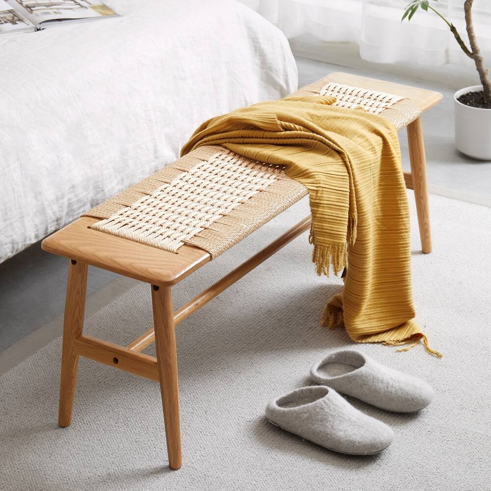 Angle. Ropilly - Ropilly Natural Oak Dining Bench Solid Wood Woven Cane Bed Bench for Entryway and Bedroom - Natural.