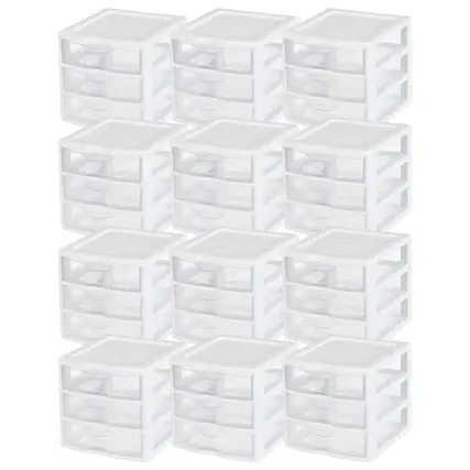 Front. Sterilite - Sterilite ClearView Plastic Small 3 Drawer Desktop Storage Unit, White, 12 Pack.