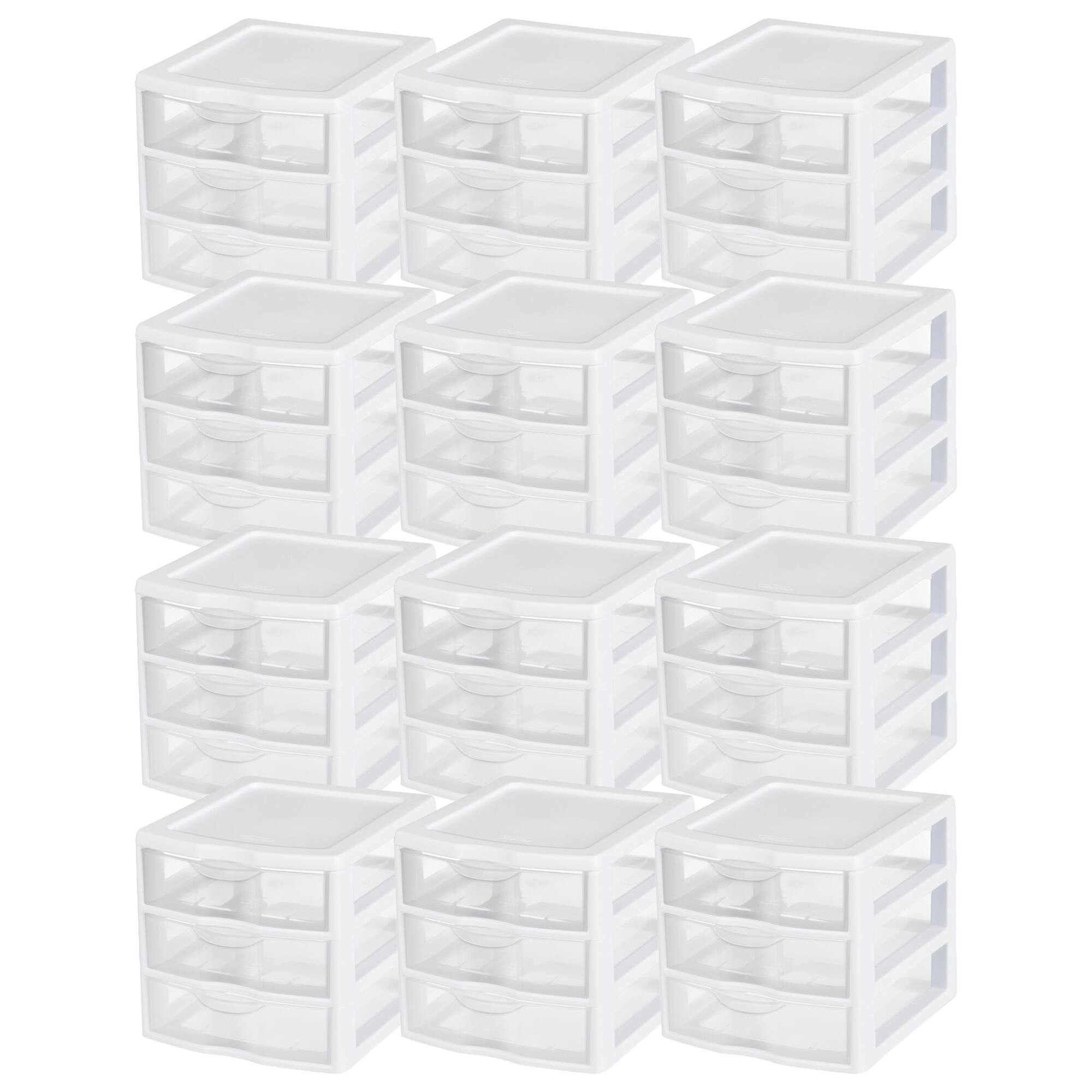 Front. Sterilite - Sterilite ClearView Plastic Small 3 Drawer Desktop Storage Unit, White, 12 Pack.