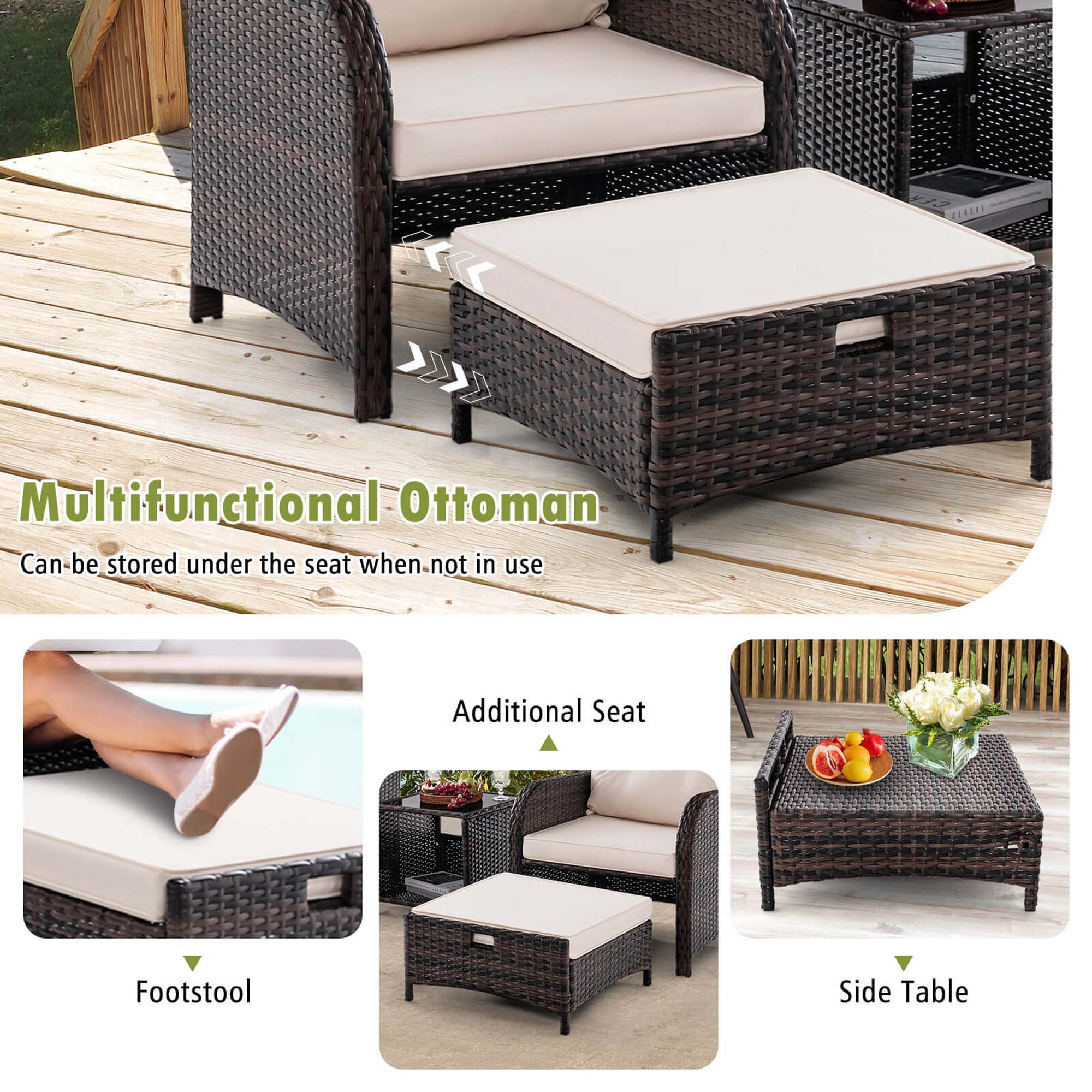 Multifunctional Ottoman: Can be stored under the seat when not in use. Additional Seat: Footstool. Side Table.