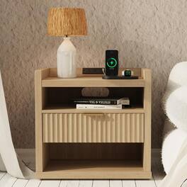Furnulem - Modern Nightstand With Charging Station1drawer And 2 Shelf - Gold