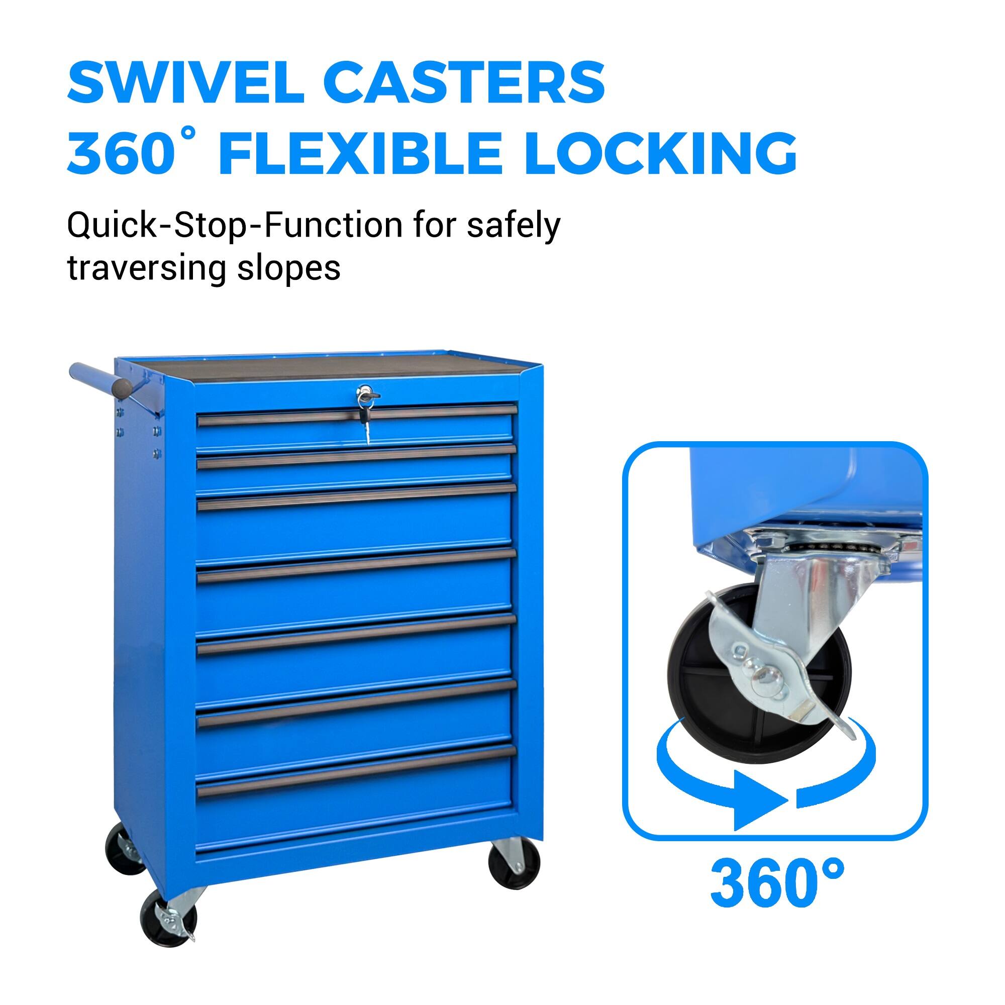 SWIVEL CASTERS  
360° FLEXIBLE LOCKING  
Quick-Stop-Function for safely traversing slopes