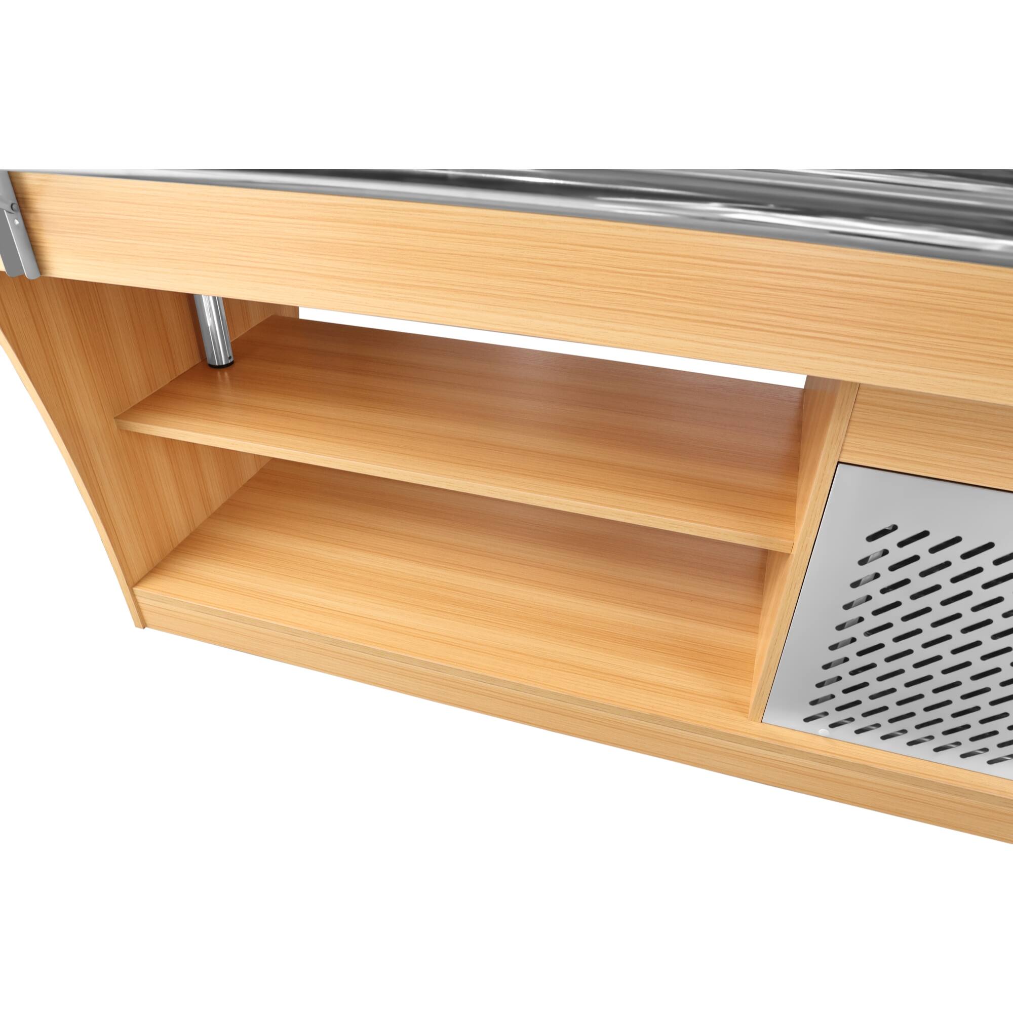 Alt View 5. Koolmore - 59 in.  Refrigerated Buffet Table with Capacity for 4 Full-Size GN Pans, Featuring Serving Rail and 4 Lockable Casters - Walnut.