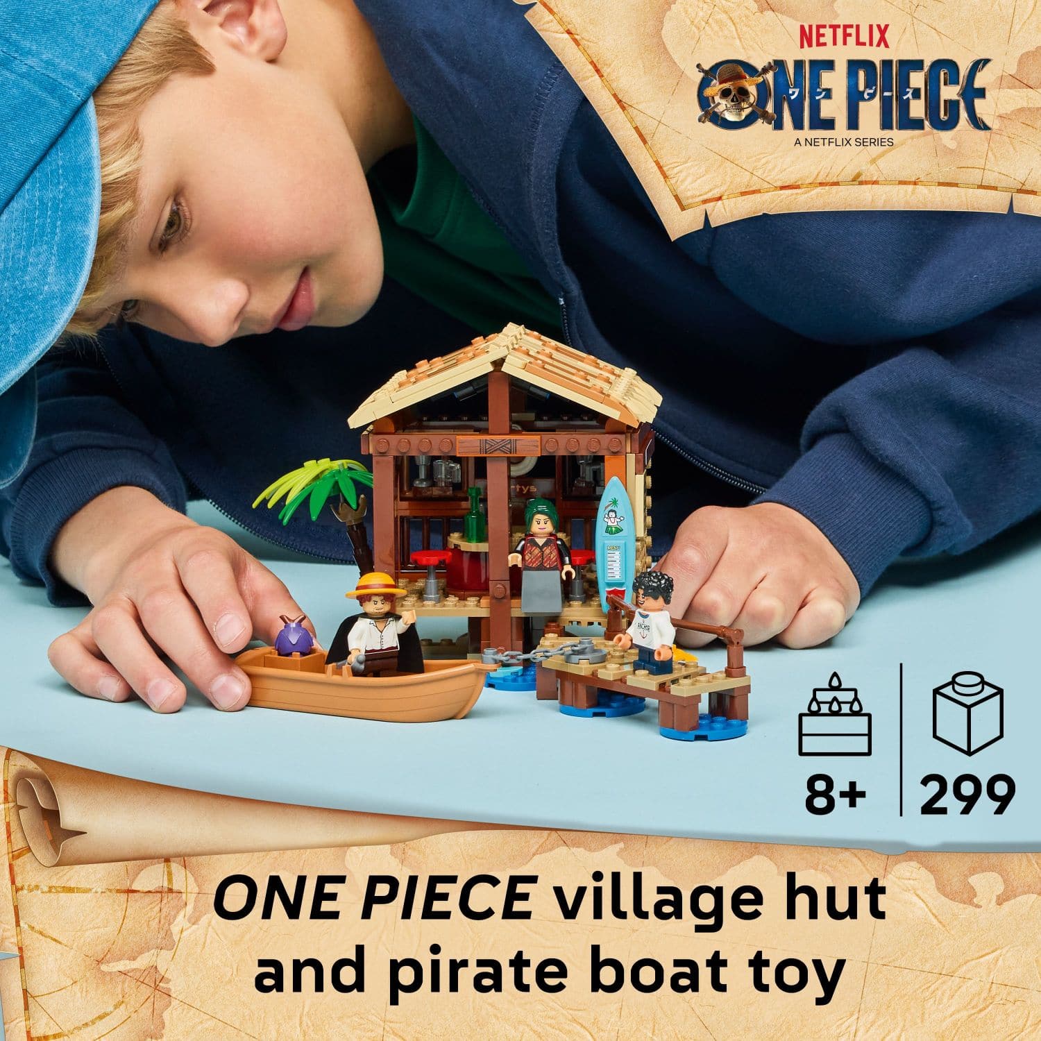 NETFLIX ONE PIECE A NETFLIX SERIES 8+ 299 ONE PIECE village hut and pirate boat toy