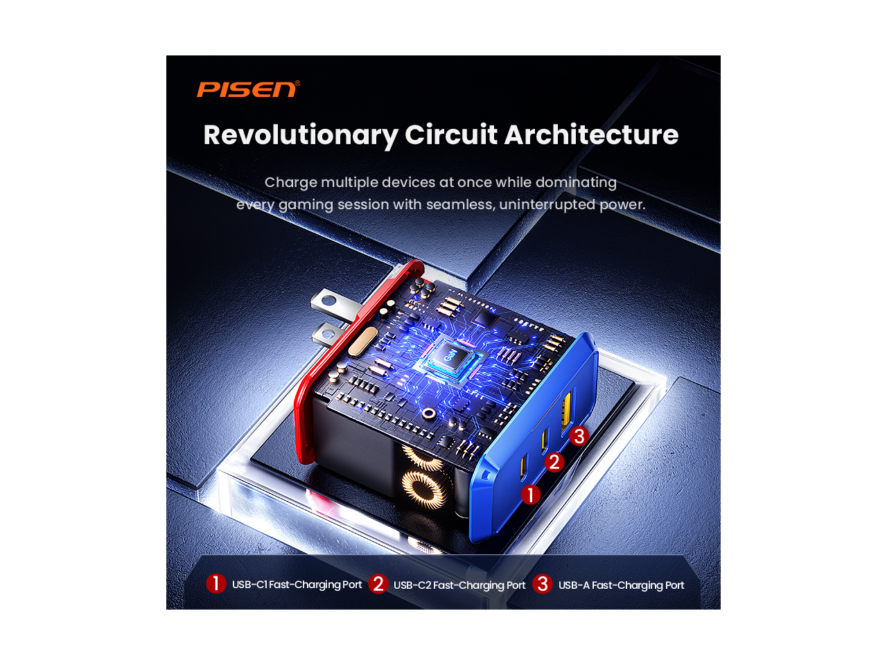PISEN

Revolutionary Circuit Architecture

Charge multiple devices at once while dominating every gaming session with seamless, uninterrupted power.

1 USB-C1 Fast-Charging Port
2 USB-C2 Fast-Charging Port
3 USB-A Fast-Charging Port