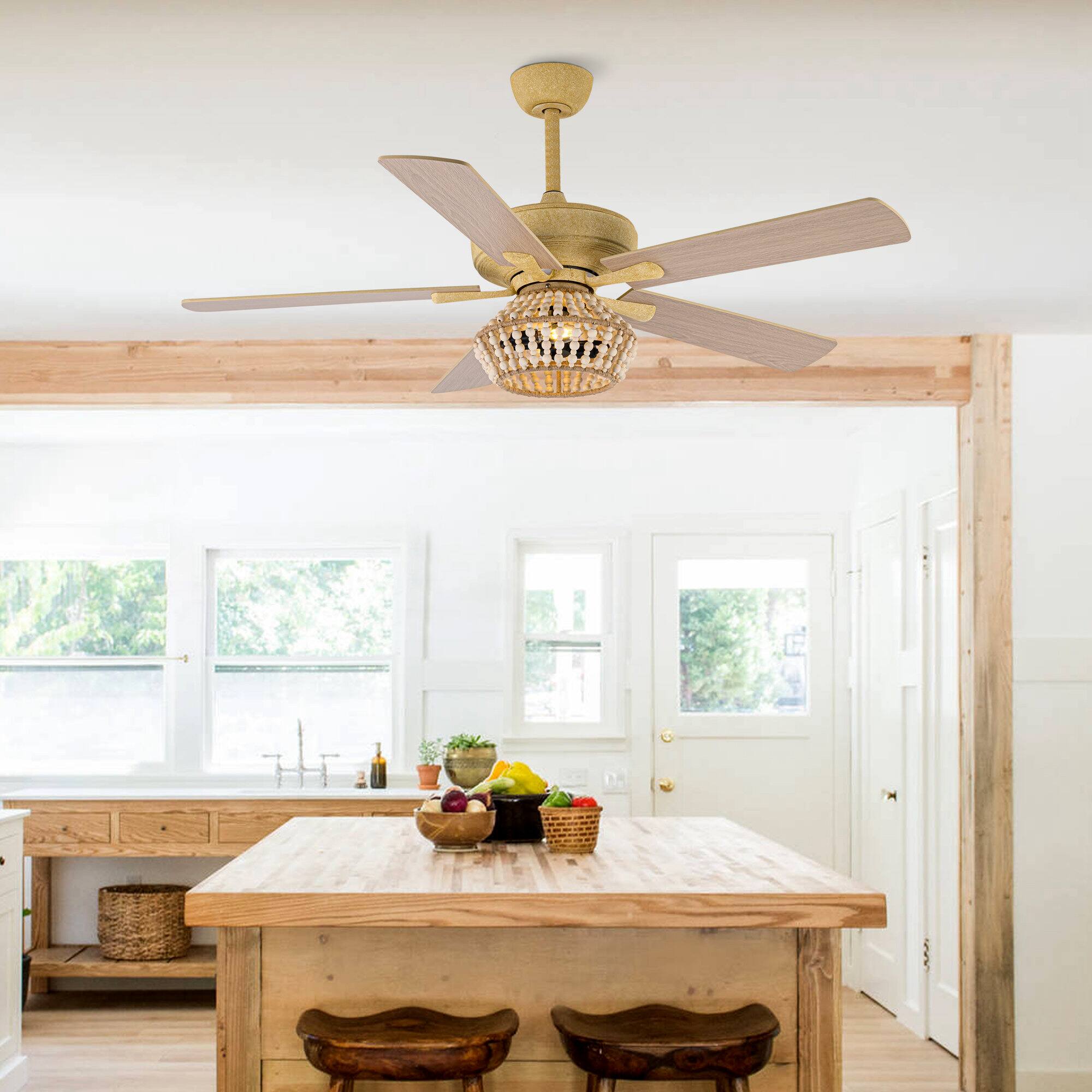 Left. Parrot Uncle - 52" BohoSand Gold Cage Ceiling Fan with Remote and Light Kit - Matte White.