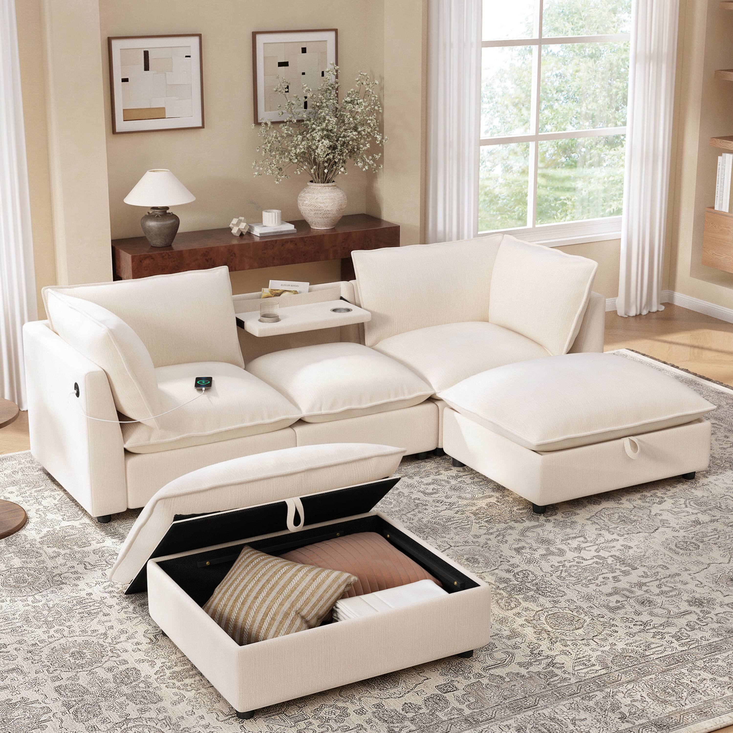 Angle. Whisen - Modular U-Shaped Sectional Sofa with Fold-down Backrest Table & Cup Holders for Living Room - Beige.