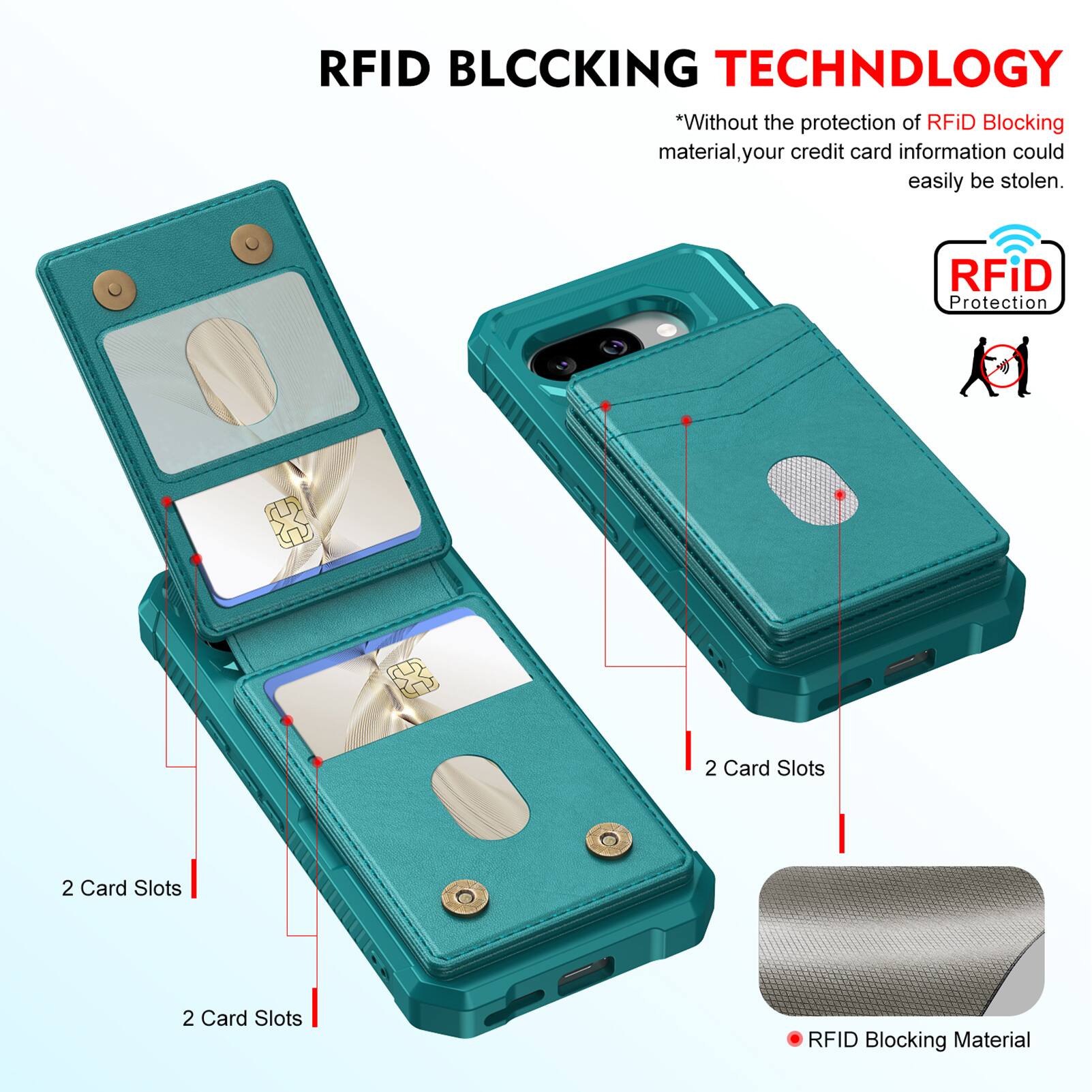 RFID BLOCKING TECHNOLOGY

*Without the protection of RFID Blocking material, your credit card information could easily be stolen.

RFID Protection

2 Card Slots

2 Card Slots

2 Card Slots

RFID Blocking Material