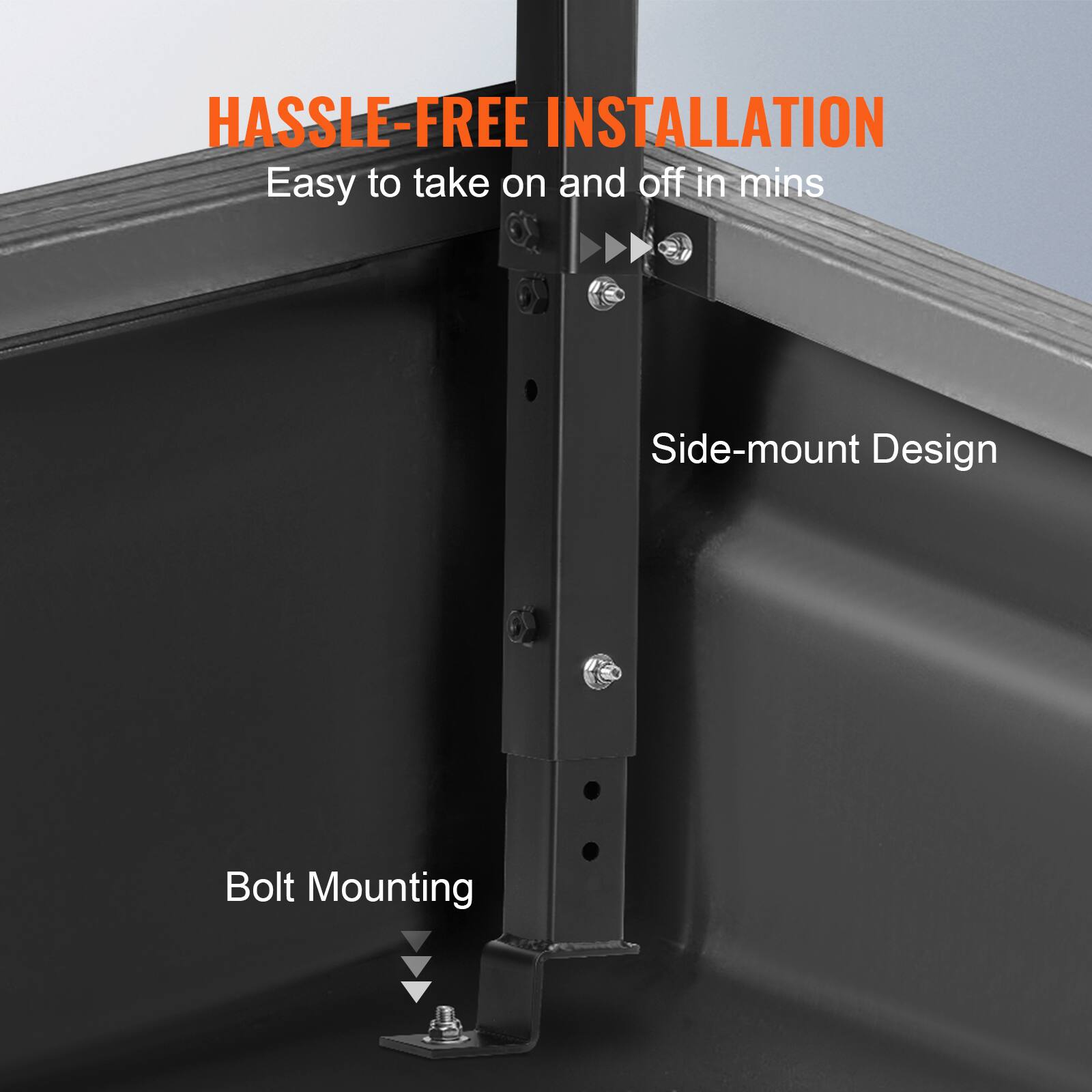 HASSLE-FREE INSTALLATION  
Easy to take on and off in mins  
Side-mount Design  
Bolt Mounting
