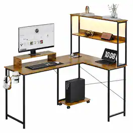 CloudRest Pro - 53'' RGB Office Desk Reversible L-Shaped Executive Desk with Power Outlets, and Hutch Storage - Wood-009