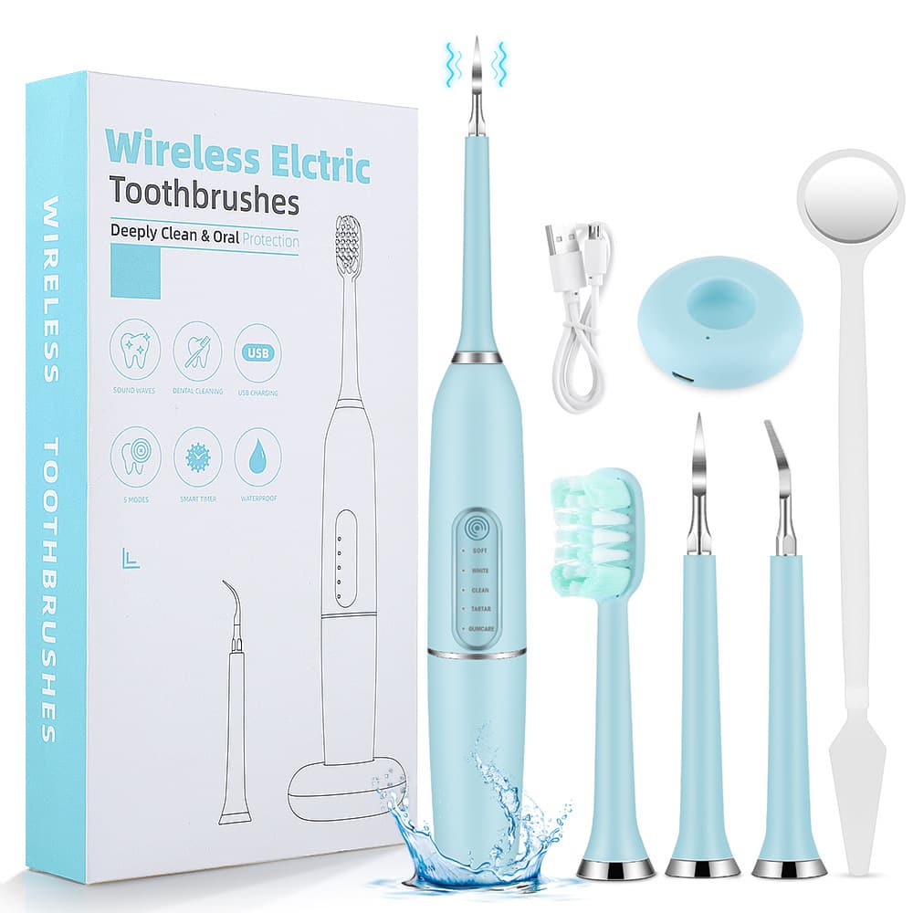 Cluzine - 8‑in‑1 Teeth Whitening Kit 4 Modes Electric Toothbrush Dental Scaler Wireless Charging - Blue