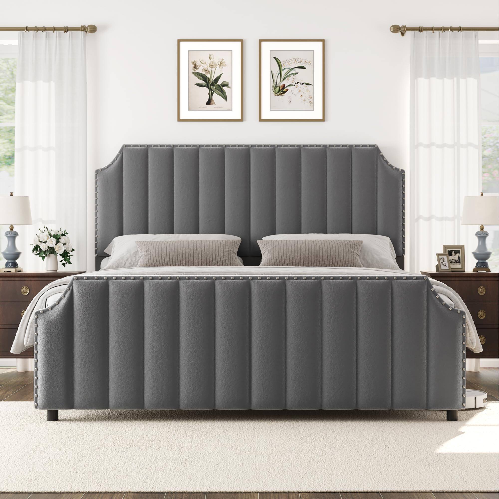Acekool - King Size Velvet Upholstered Bed Frame with Headboard & Footboard, Nailhead Trim, No Box Spring - Gray