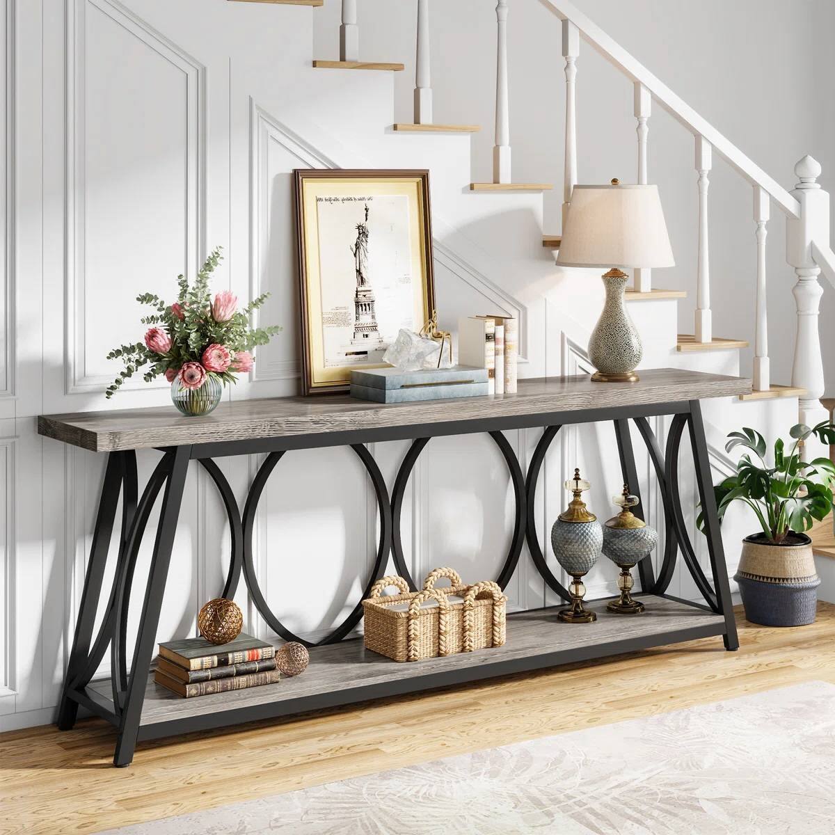 Left. SlickBlue - Heavy Duty Metal Frame Console Table with Wooden Top - Grey.