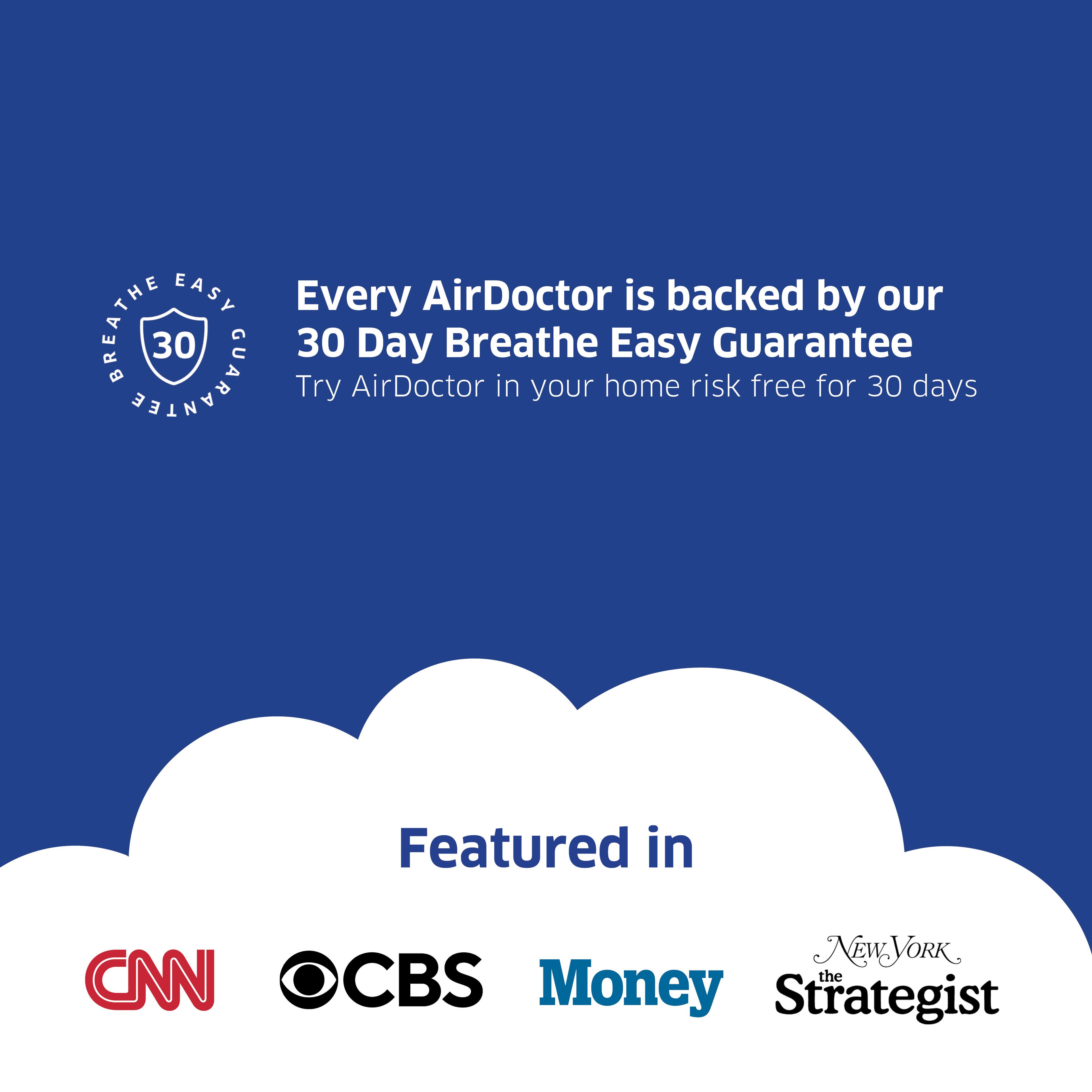 Every AirDoctor is backed by our 30 Day Breathe Easy Guarantee. Try AirDoctor in your home risk free for 30 days. Featured in CNN, CBS Money, New York Strategist.