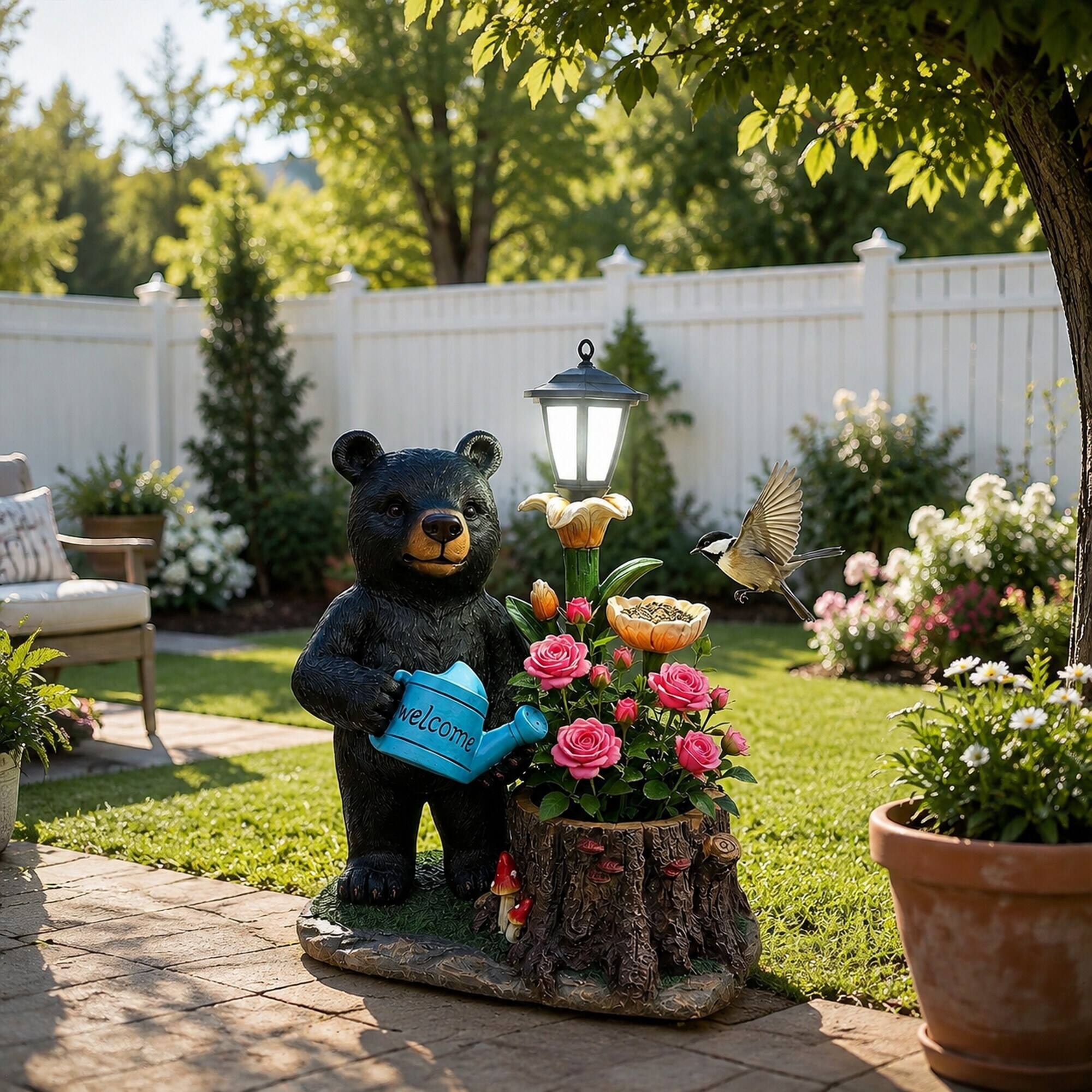 Back. RYHNUYNE - Whimsical Polyresin Black Bear Garden Planter with Solar Lantern and Flower Bird Feeder for Porch Patio and Cabin - Black.