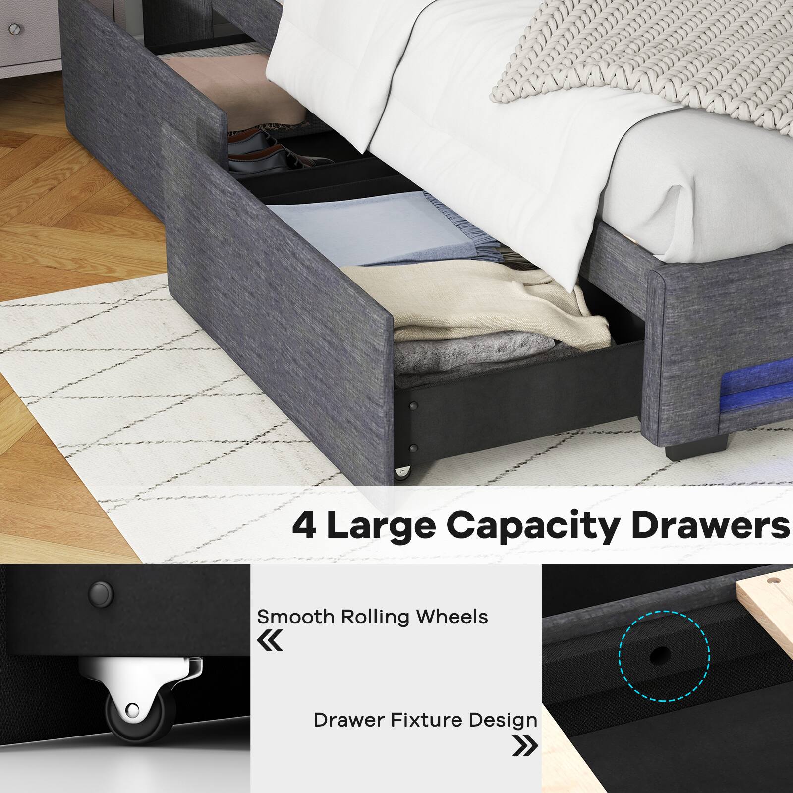 4 Large Capacity Drawers, Smooth Rolling Wheels, Drawer Fixture Design