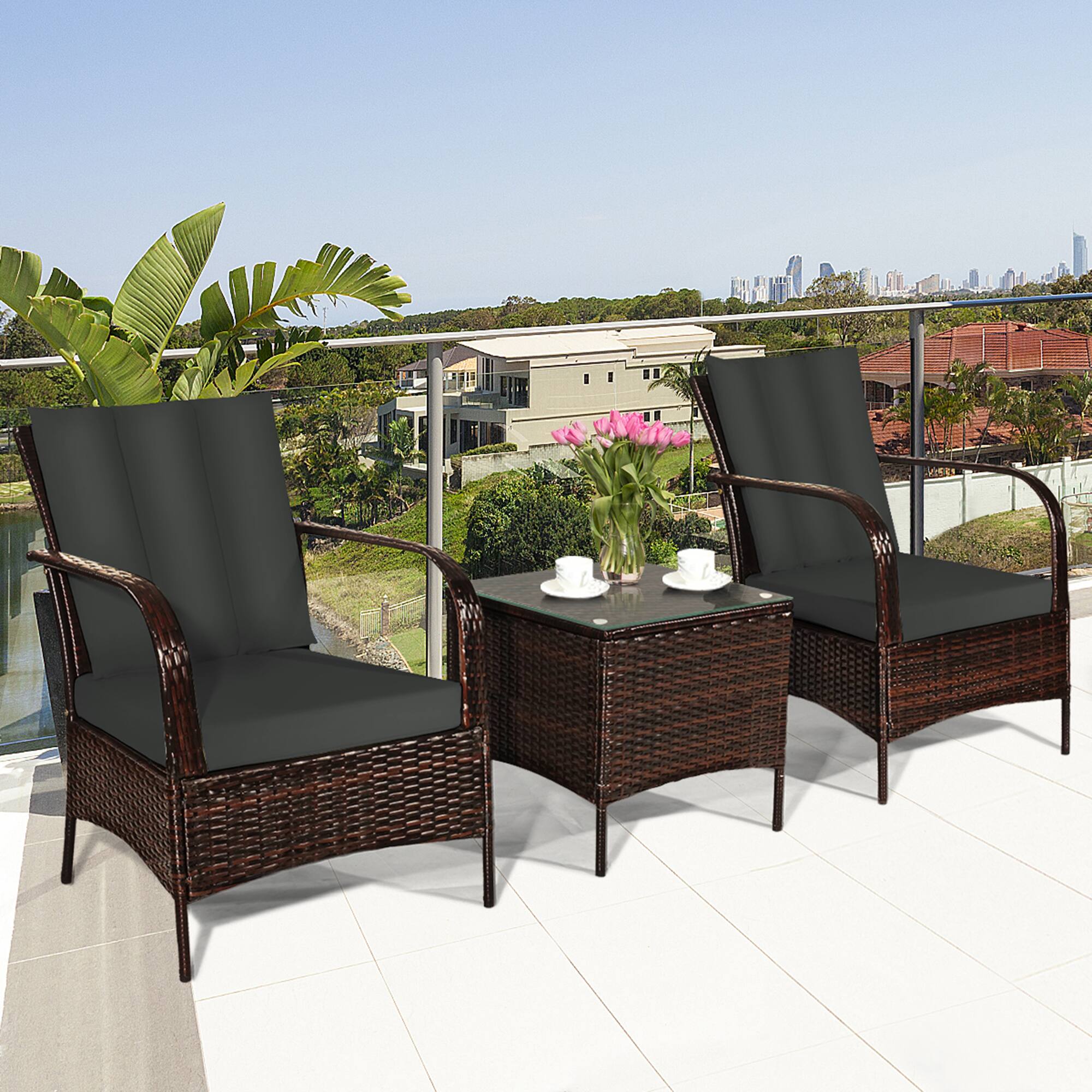 Alt View 3. Gymax - Gymax 3PCS Outdoor Patio Rattan Conversation Set Furniture Set w/ Table Cushions - Gray.