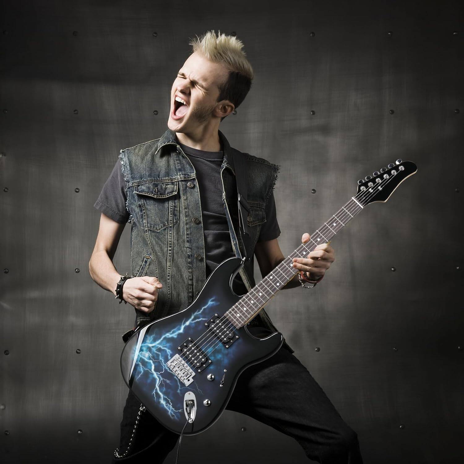 Left. Winado - 39 Inch Electric Guitar, Full Size Solid Body H-H Pickups 6 Strings Beginner Guitar Kit With Gig Bag, Strap, Tremolo Arm.