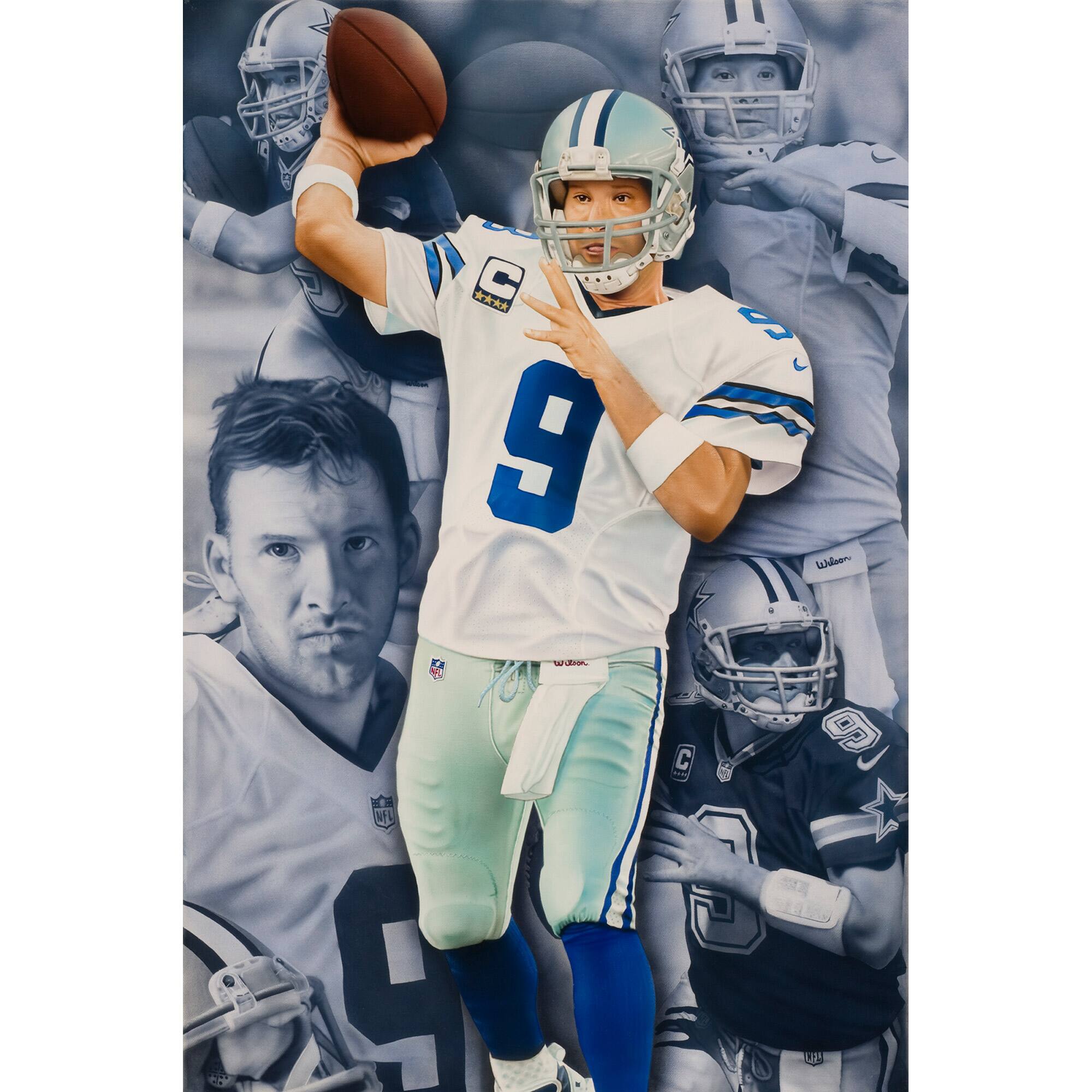 Front. Deacon Jones Foundation - Dallas Cowboys Tony Romo Fine Art Gicl-e Canvas Print 24" x 36" by Artist Rob Jackson - Multicolor.