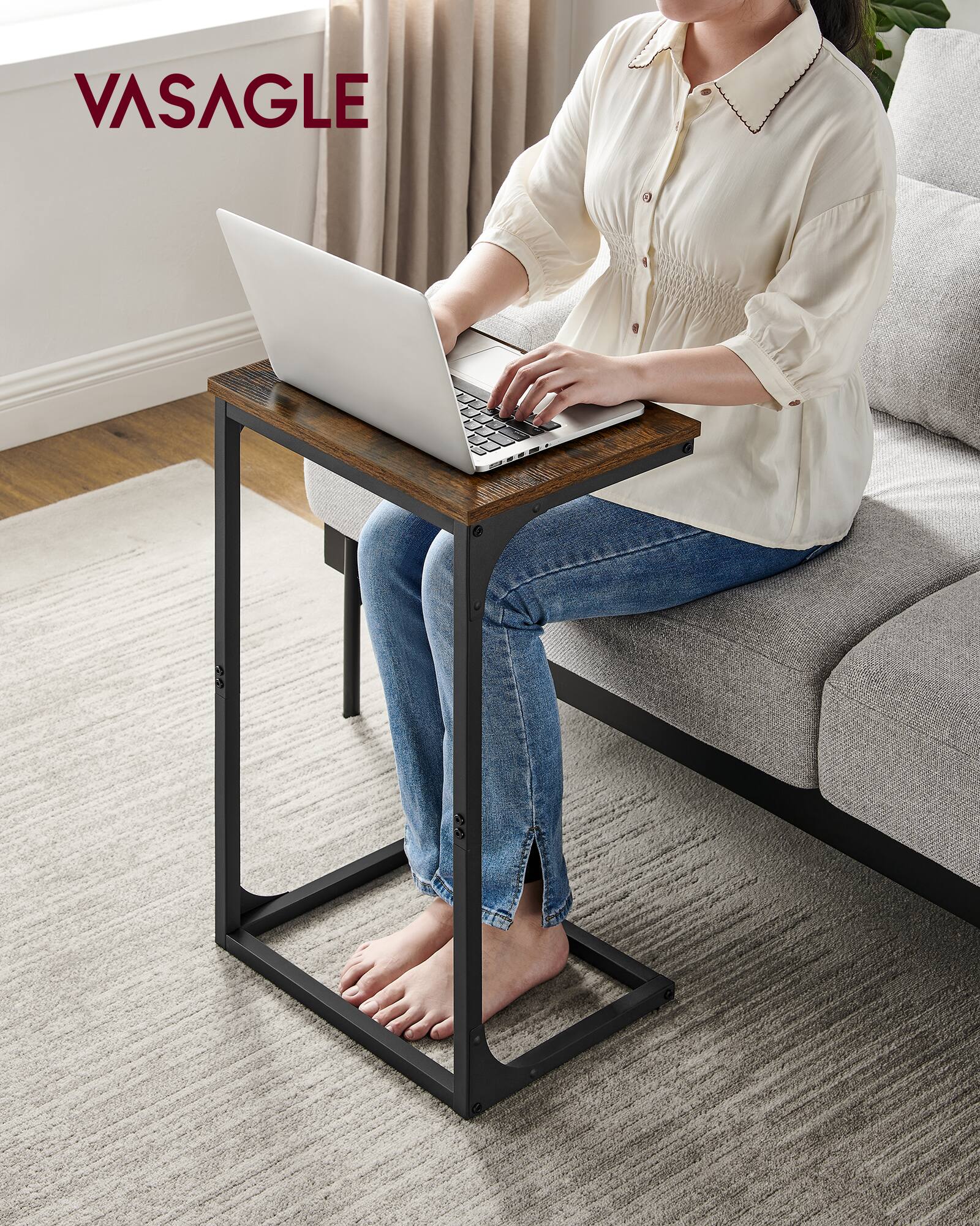 Angle. Songmics Home - C-Shaped End Table, Side Table for Sofa, Couch Table with Metal Frame, Small TV Tray Table for Living Room, Bedroom - Rustic Brown and Black.
