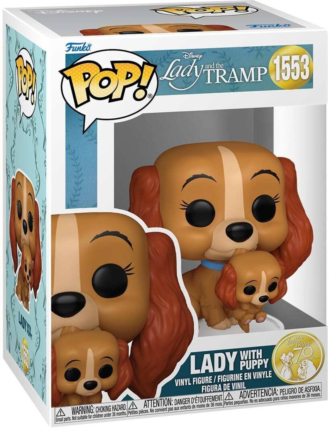 POP! Funko Disney and the 1553 Lady TRAMP with PUPPY LADY PUPPY VINYLE I FIGURINE EN VINYL FIGURE FIGURA DE VINIL ASFIXIA. ADVERTENCIA: PELIGRO DE nios menores de 36 meses ATTENTION: DANGER D'TOUFFEMENT. D Partes pequeas. No es adecuado para de moins de 36 mois. CHOKING HAZARD convient pas auX enfants WARNING: under 36 months Petites pieces. Ne Not sutable for children Smal parts.