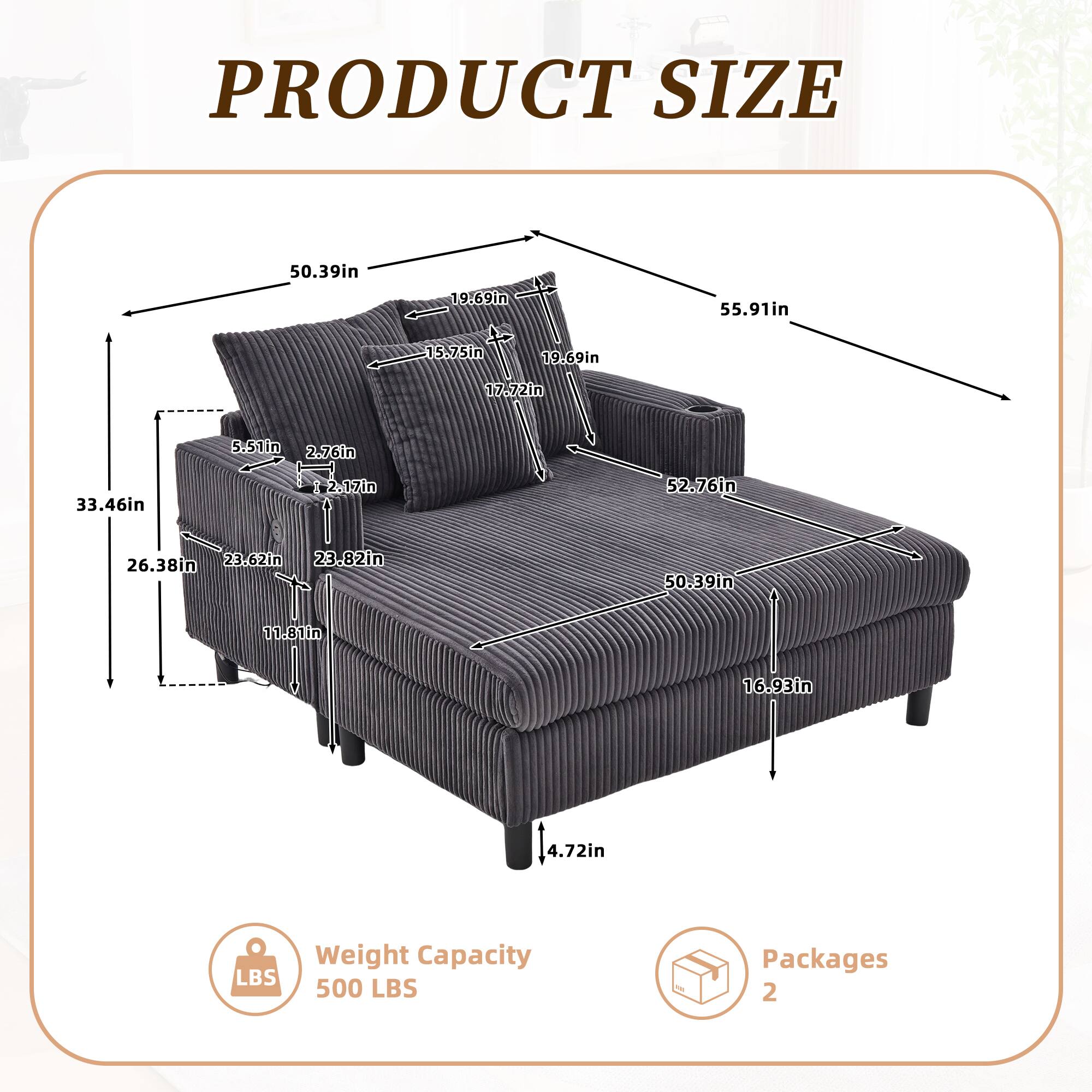 PRODUCT SIZE

- 50.39in
- 19.69in
- 55.91in
- 15.75in
- 19.69in
- 17.72in
- 5.51in
- 2.76in
- 33.46in
- 2.17in
- 52.76in
- 26.38in
- 23.62in
- 23.82in
- 11.81in
- 16.93in
- 4.72in

Weight Capacity: 500 LBS

Packages: 2