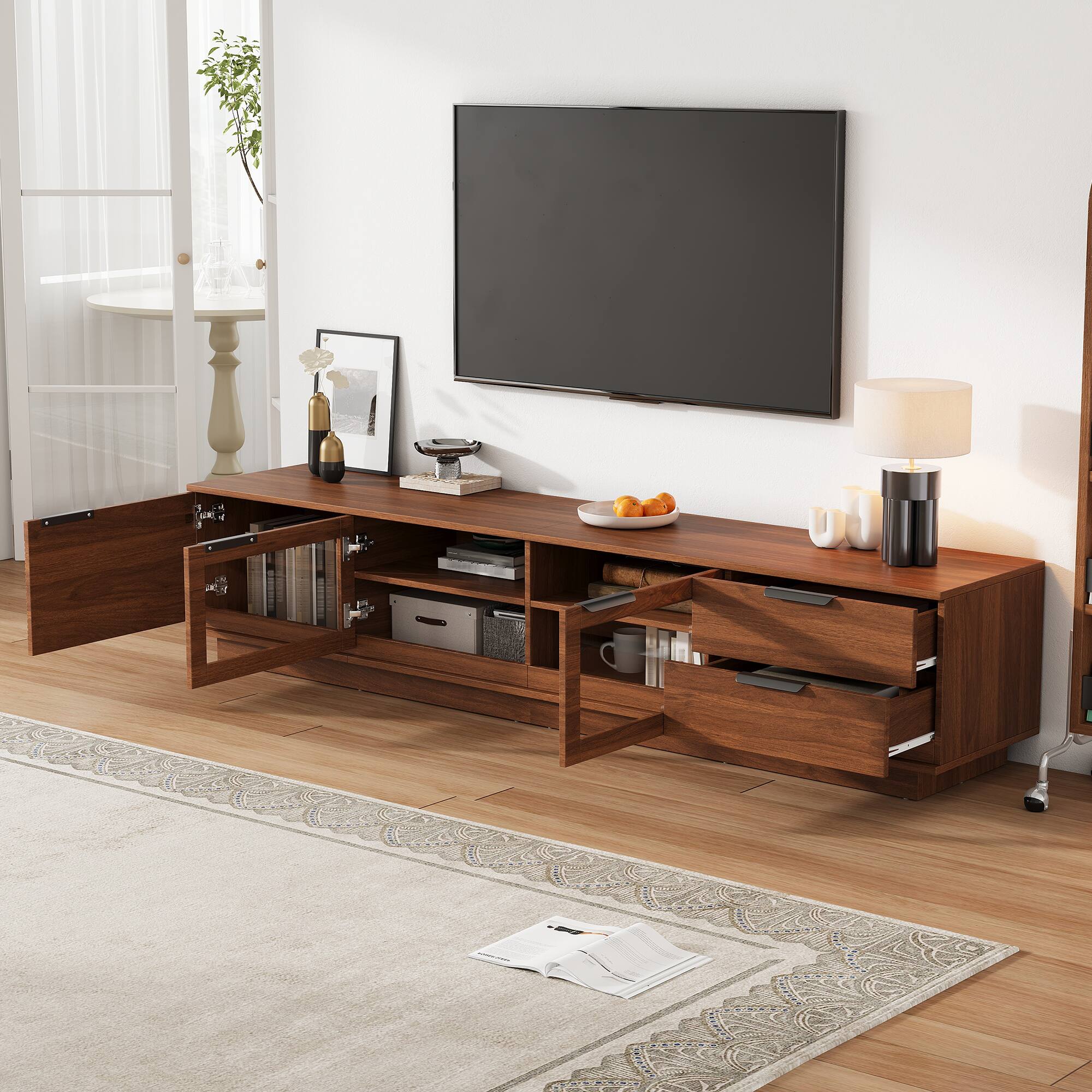 Angle. MERAVOM - Mid-Century Modern TV Stand for TVs Up to 85", Entertainment Center with Storage Cabinets and 2 Drawers for Living Room - Walnut.