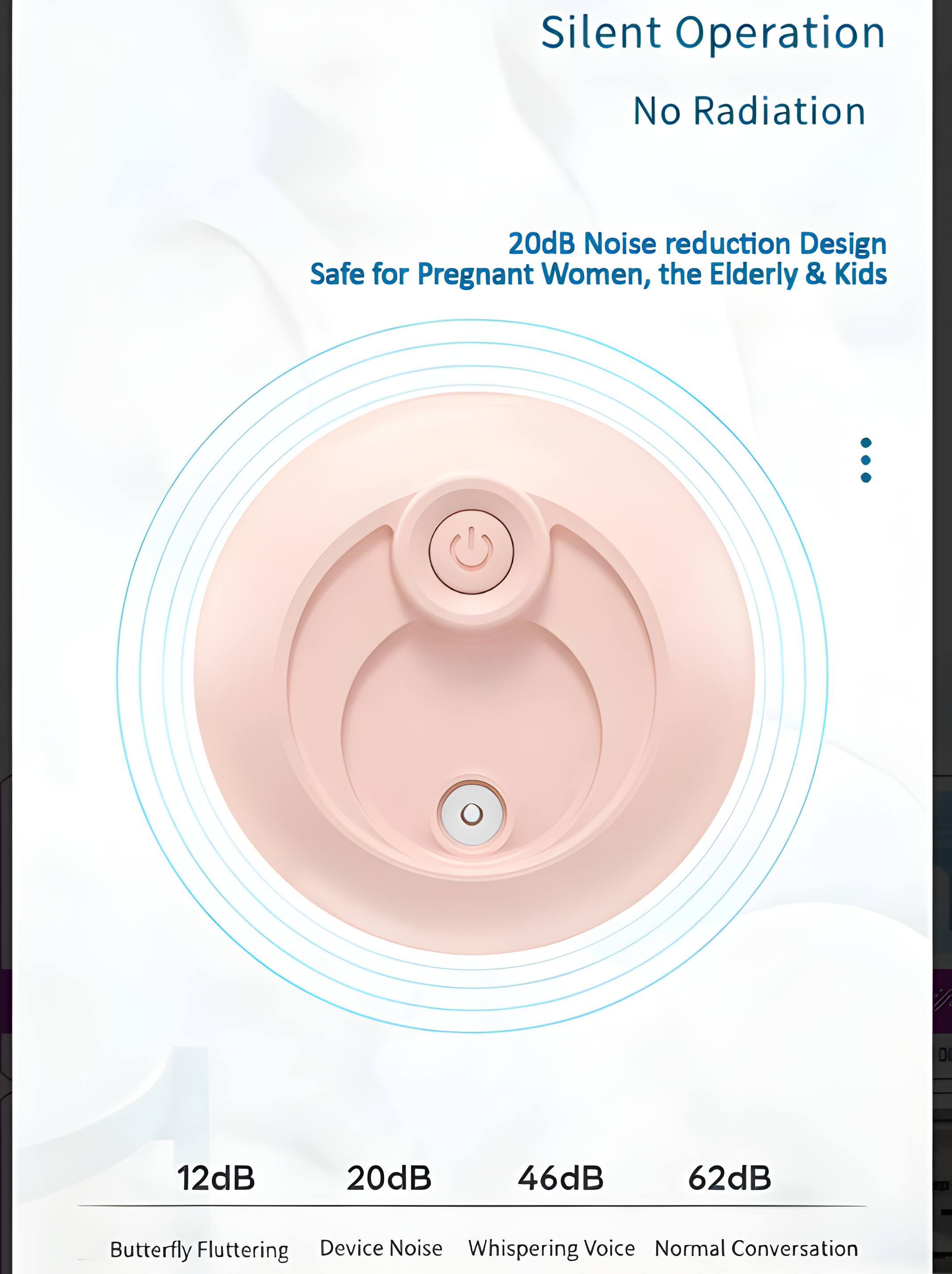 Silent Operation  
No Radiation  

20dB Noise reduction Design  
Safe for Pregnant Women, the Elderly & Kids  

12dB  
20dB  
46dB  
62dB  

Butterfly Fluttering  
Device Noise  
Whispering Voice  
Normal Conversation