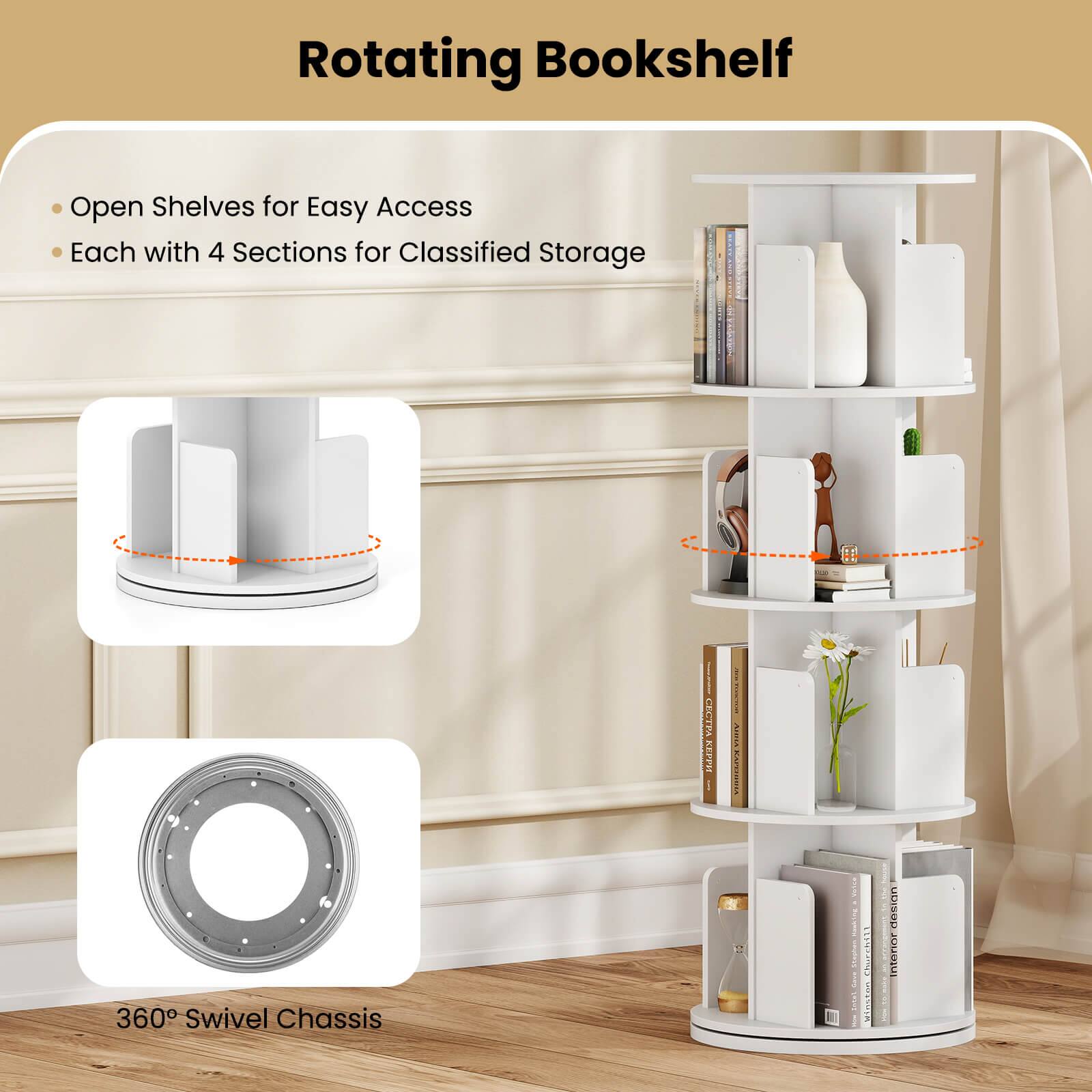 Rotating Bookshelf

- Open Shelves for Easy Access
- Each with 4 Sections for Classified Storage

360° Swivel Chassis
