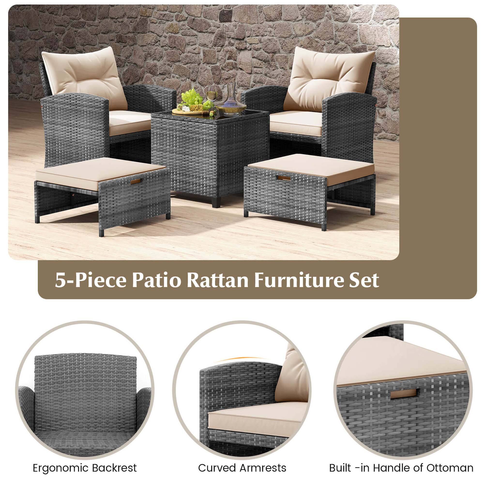 5-Piece Patio Rattan Furniture Set

Ergonomic Backrest
Curved Armrests
Built-in Handle of Ottoman