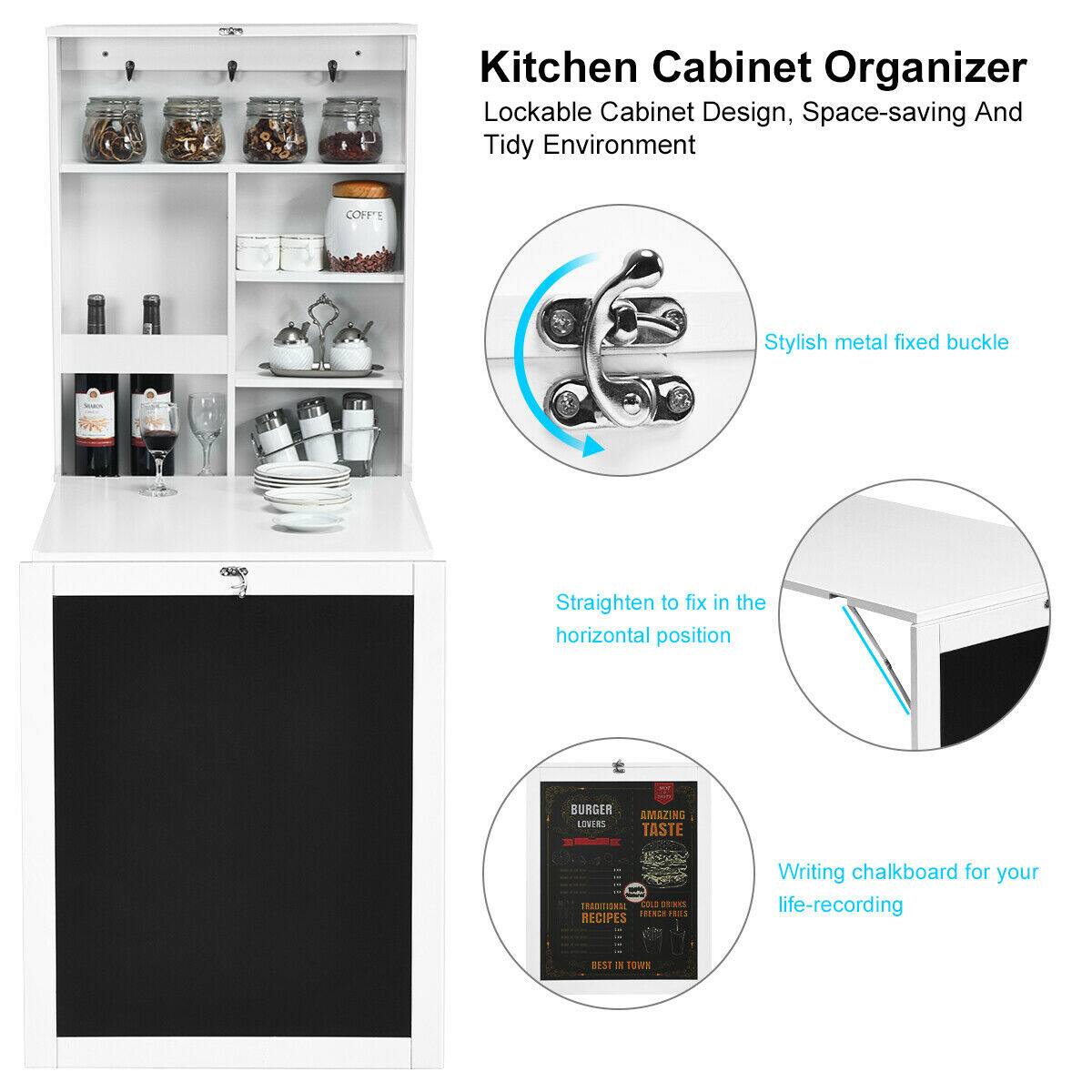 Kitchen Cabinet Organizer, Lockable Cabinet Design, Space-saving And Tidy Environment, Stylish metal fixed buckle, Straighten to fix in the horizontal position, Writing chalkboard for your life-recording.
