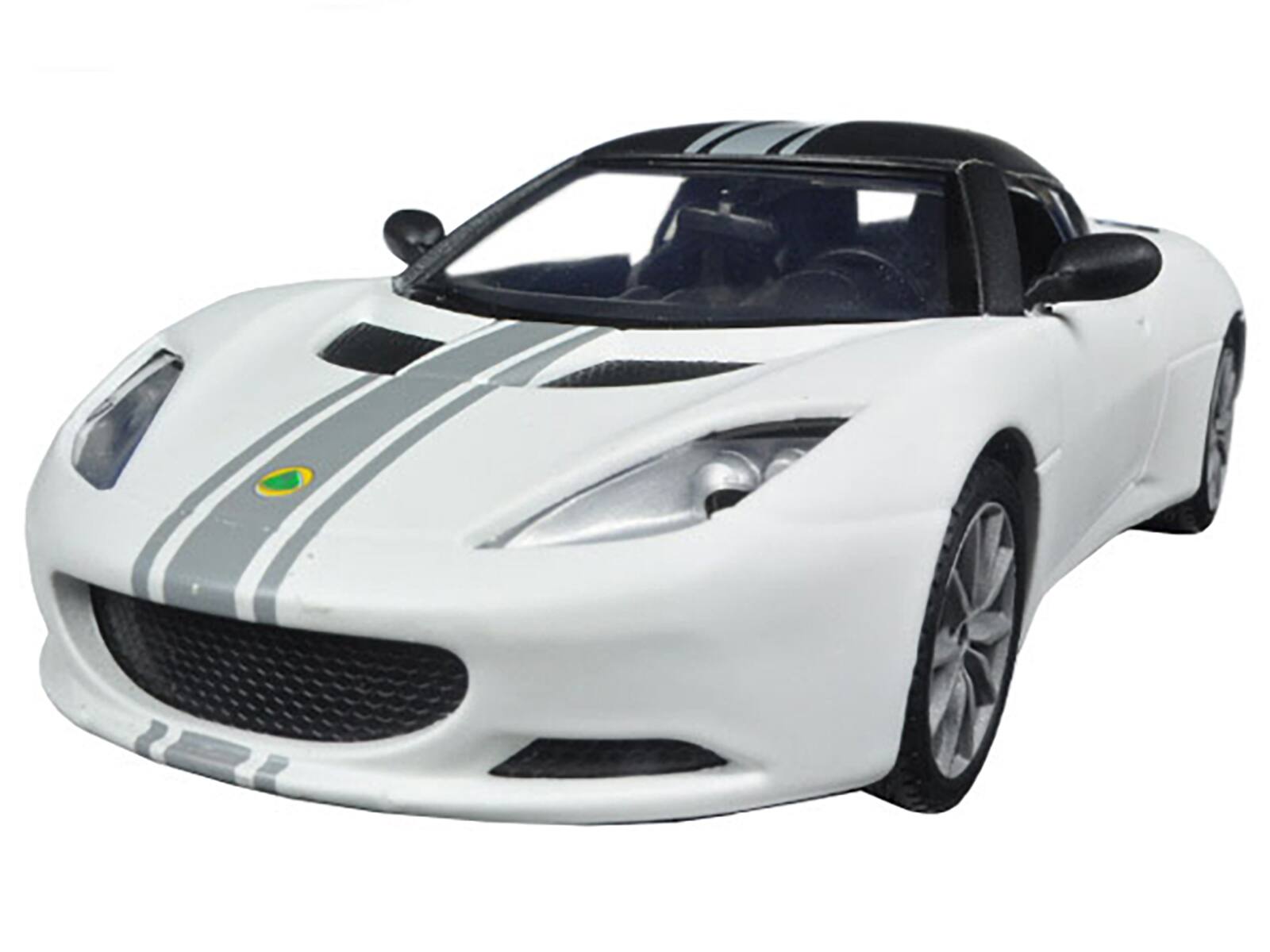 Alt View 1. Motormax - Lotus Evora S Matt White with Black Top and Gray Stripes "Satin Paint" Series 1/24 Diecast Model Car by Motormax.