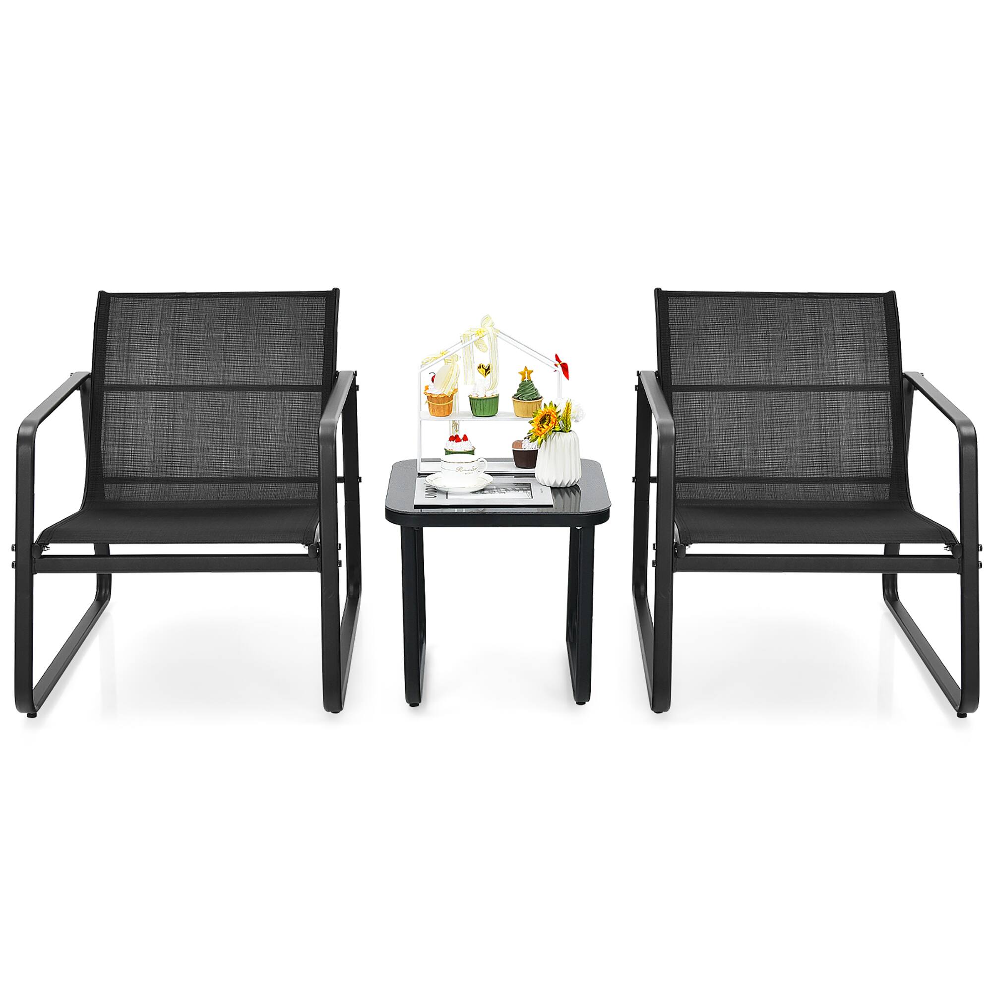 Alt View 9. Costway - Costway 3PCS Patio Bistro Furniture Set Glass Top Table Garden Deck - Black.