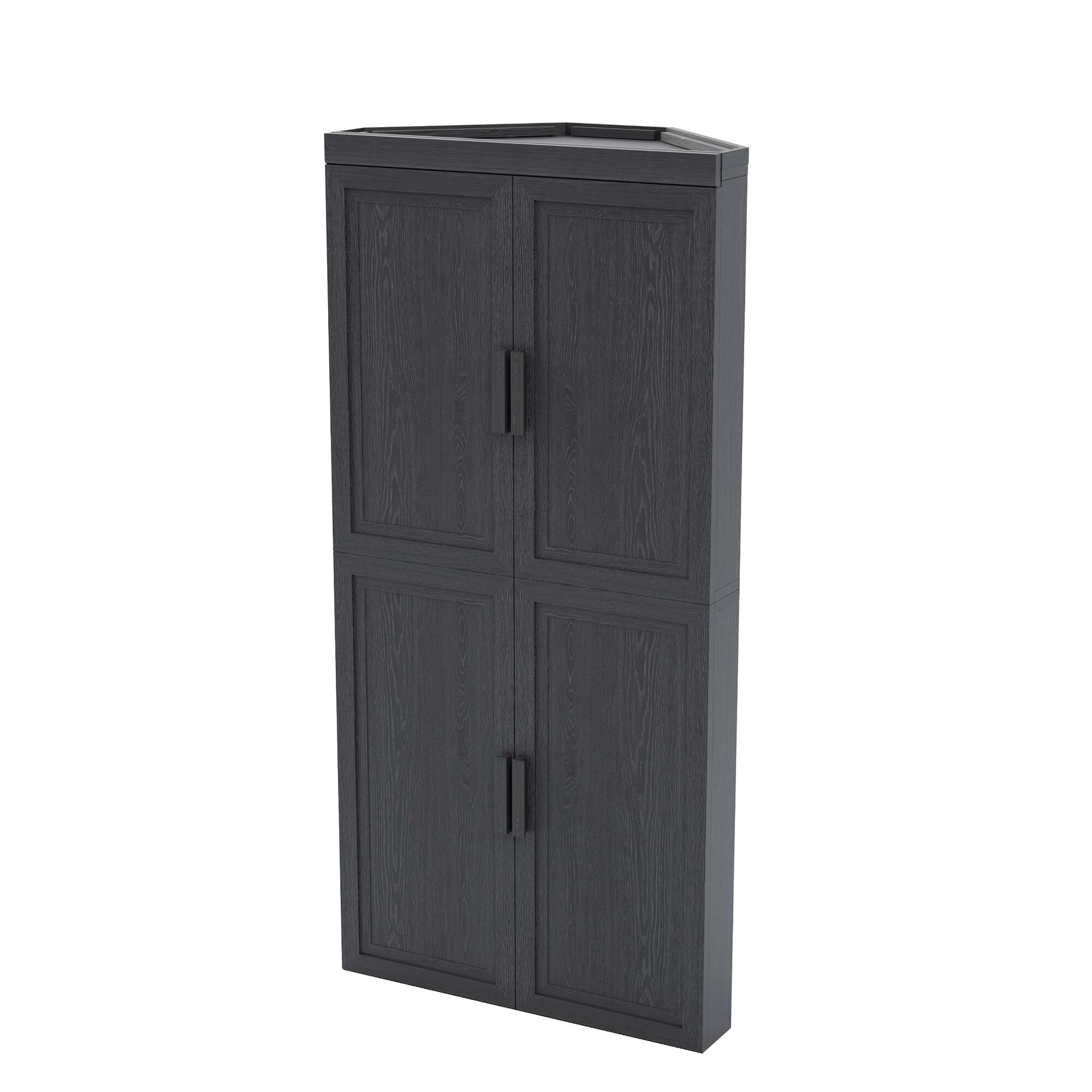 Left. PexFix - 67" Farmhouse Corner Accent Storage Cabinet with Solid Wood Doors and Adjustable Shelves for Space-Saving - Black.