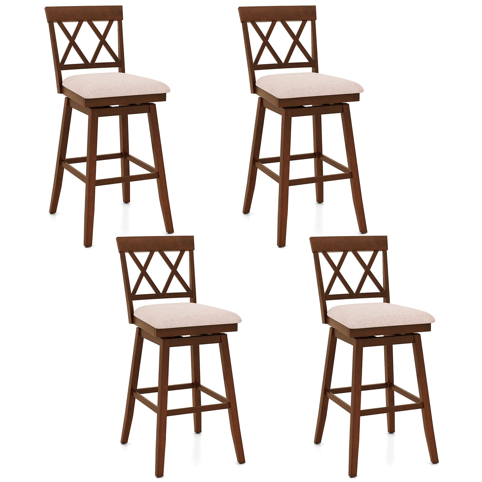 Costway - 4 PCS 29" Bar Stool Wooden Chair with Contoured Backrest Swivel Padded Seat for Kitchen - White/Gray