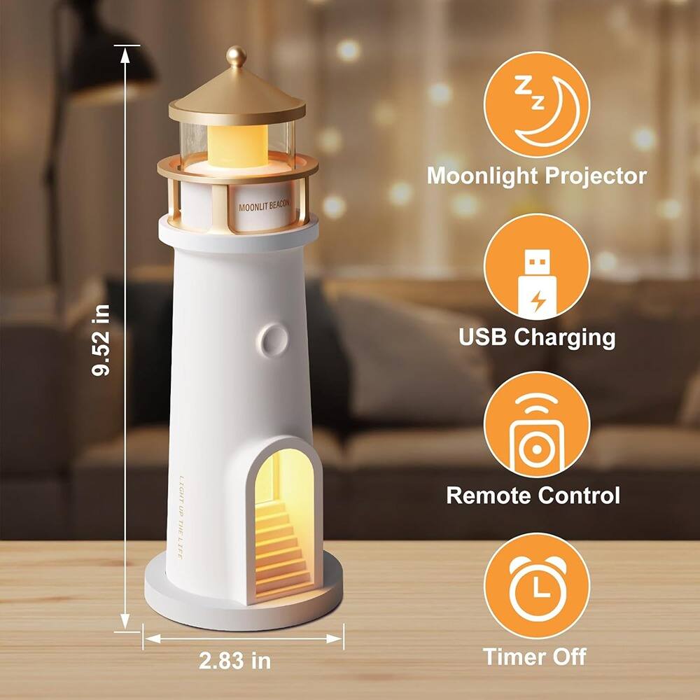 Moonlight Projector  
USB Charging  
Remote Control  
Timer Off  

Dimensions:  
Height: 9.52 in  
Width: 2.83 in  

Light up the night